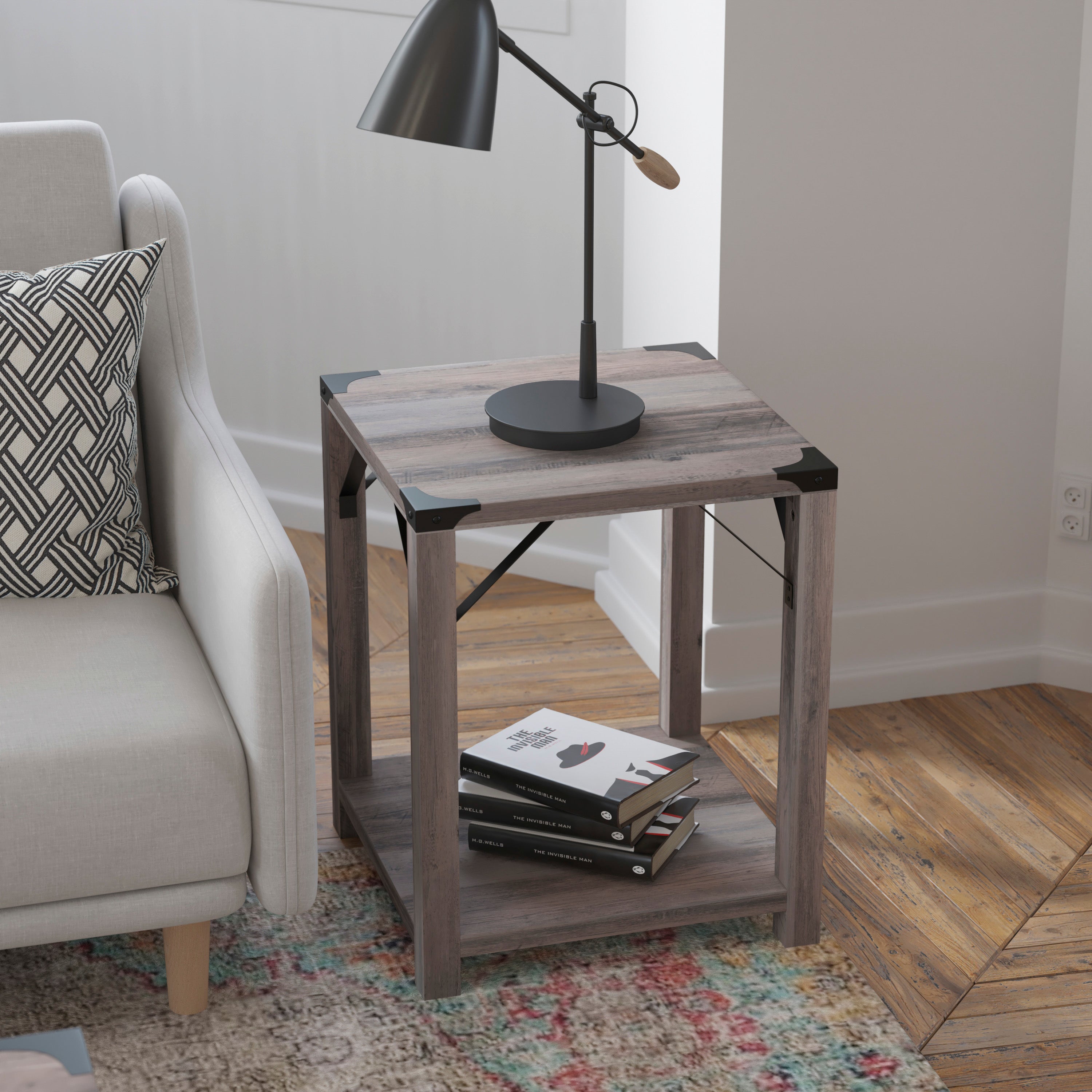 Wyatt Modern Farmhouse Wooden 2 Tier End Table with Metal Corner Accents and Cross Bracing
