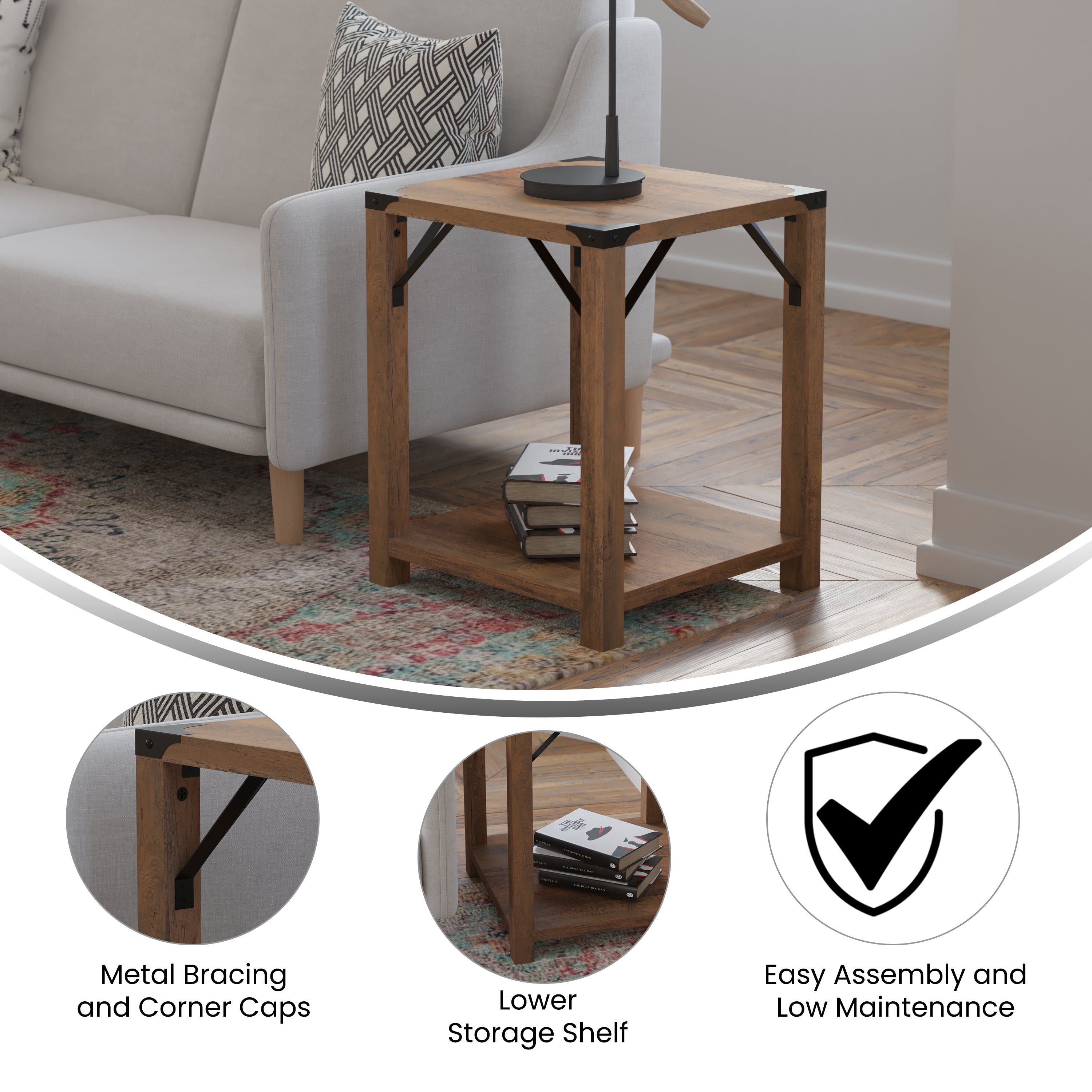 Wyatt Modern Farmhouse Wooden 2 Tier End Table with Metal Corner Accents and Cross Bracing