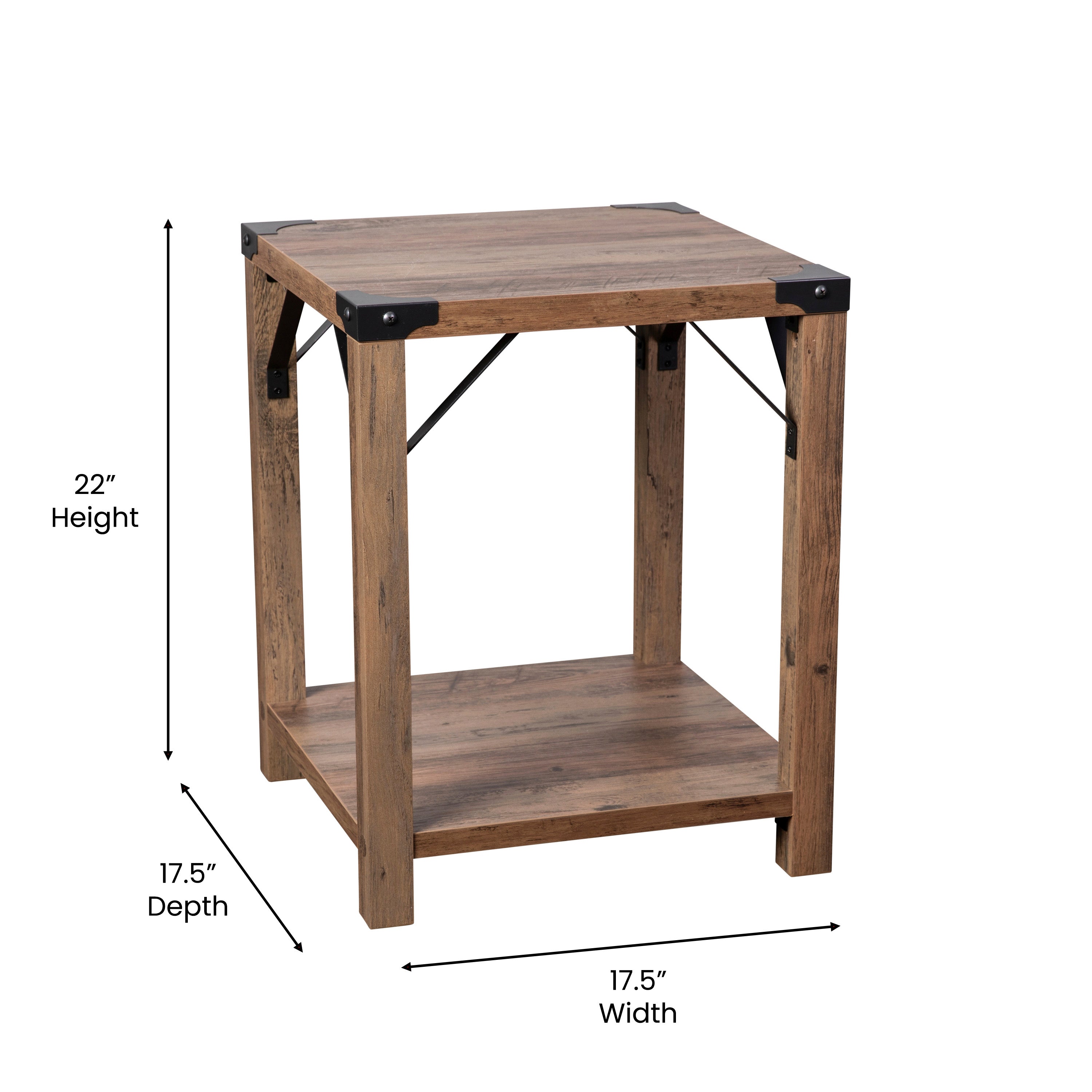 Wyatt Modern Farmhouse Wooden 2 Tier End Table with Metal Corner Accents and Cross Bracing