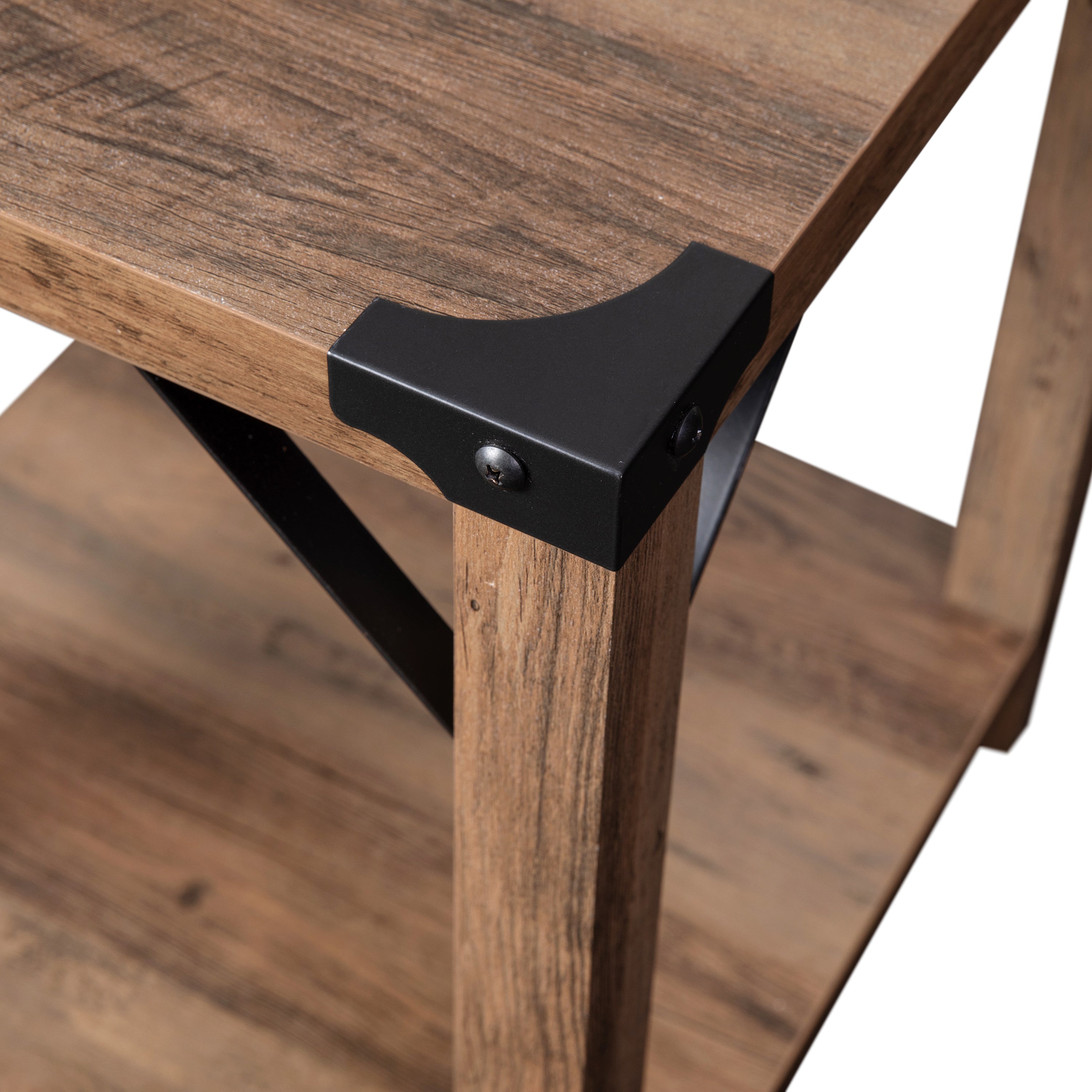 Wyatt Modern Farmhouse Wooden 2 Tier End Table with Metal Corner Accents and Cross Bracing