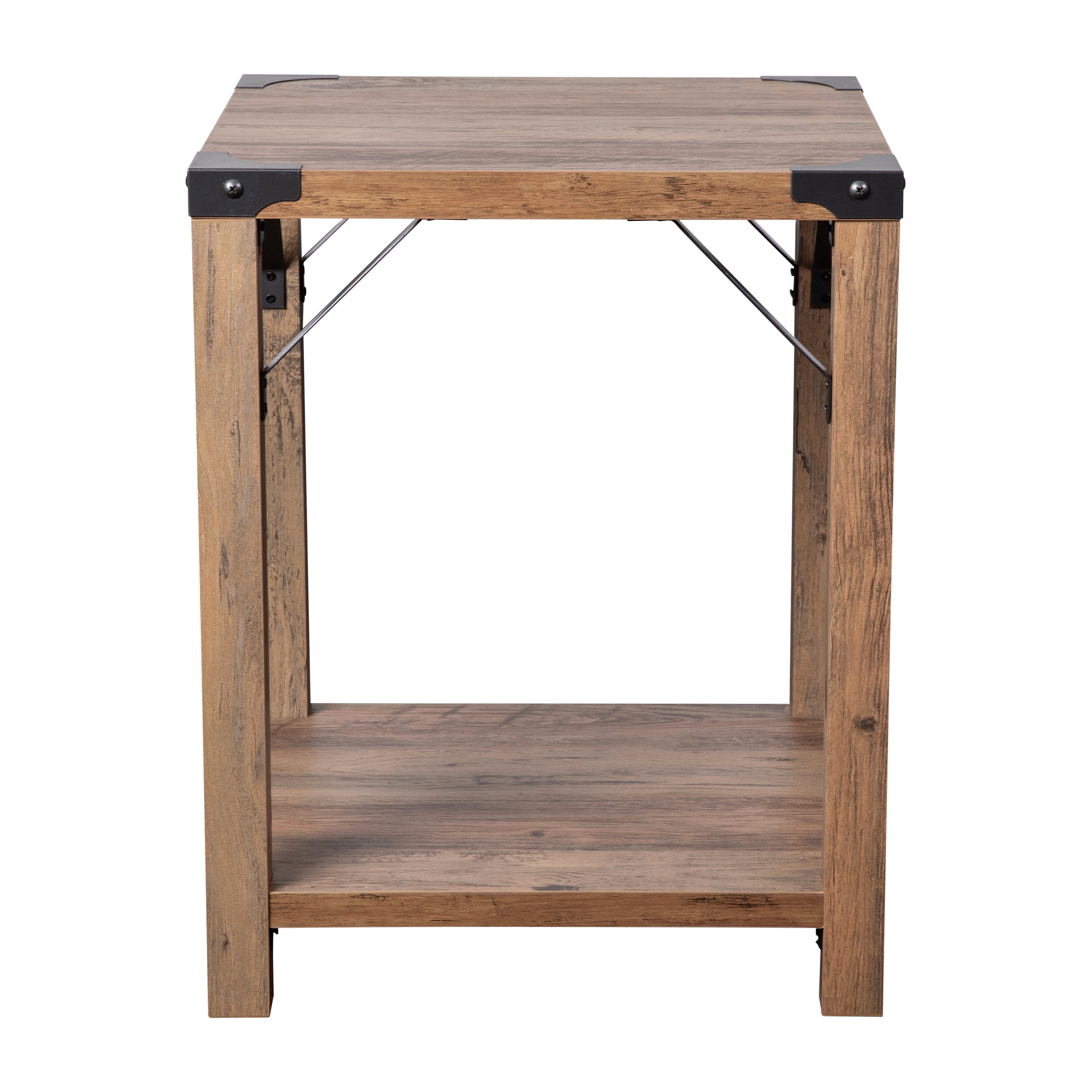 Wyatt Modern Farmhouse Wooden 2 Tier End Table with Metal Corner Accents and Cross Bracing