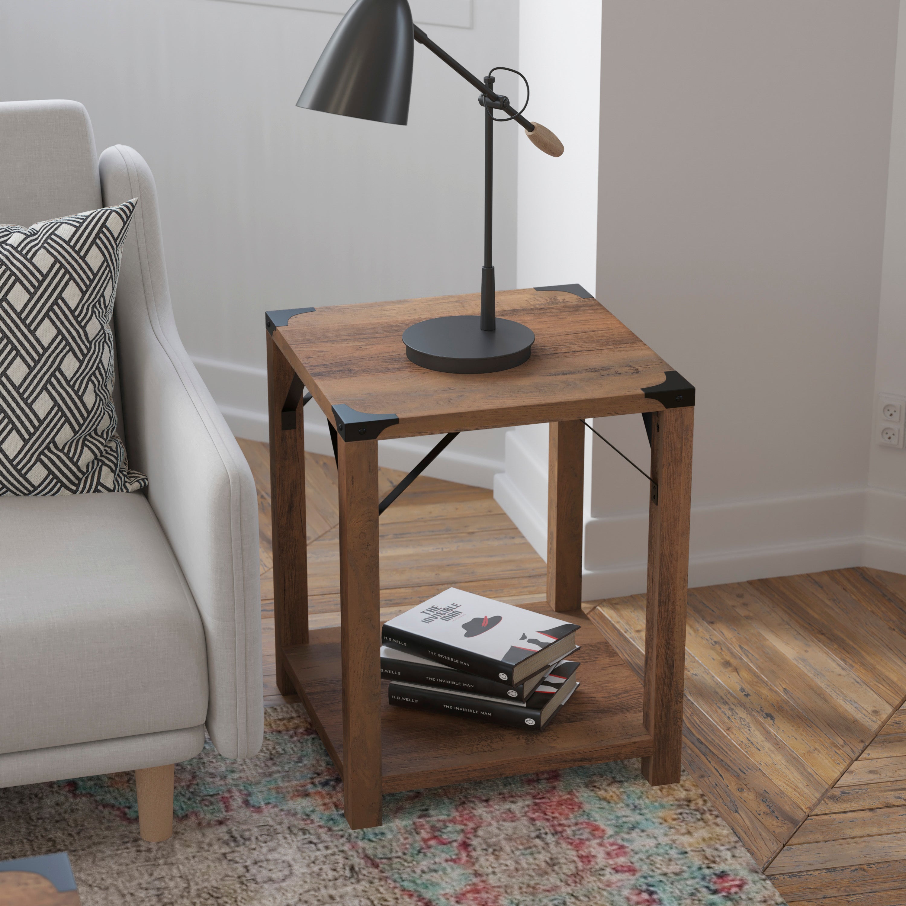 Wyatt Modern Farmhouse Wooden 2 Tier End Table with Metal Corner Accents and Cross Bracing-End Table-Flash Furniture-Wall2Wall Furnishings