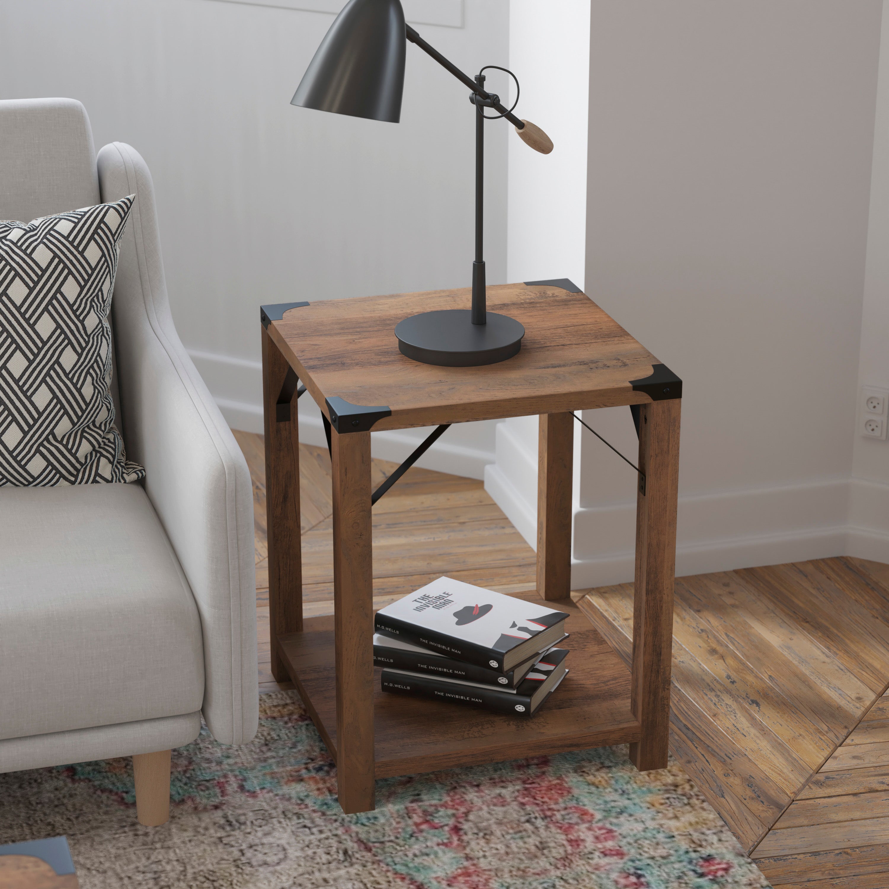 Wyatt Modern Farmhouse Wooden 2 Tier End Table with Metal Corner Accents and Cross Bracing