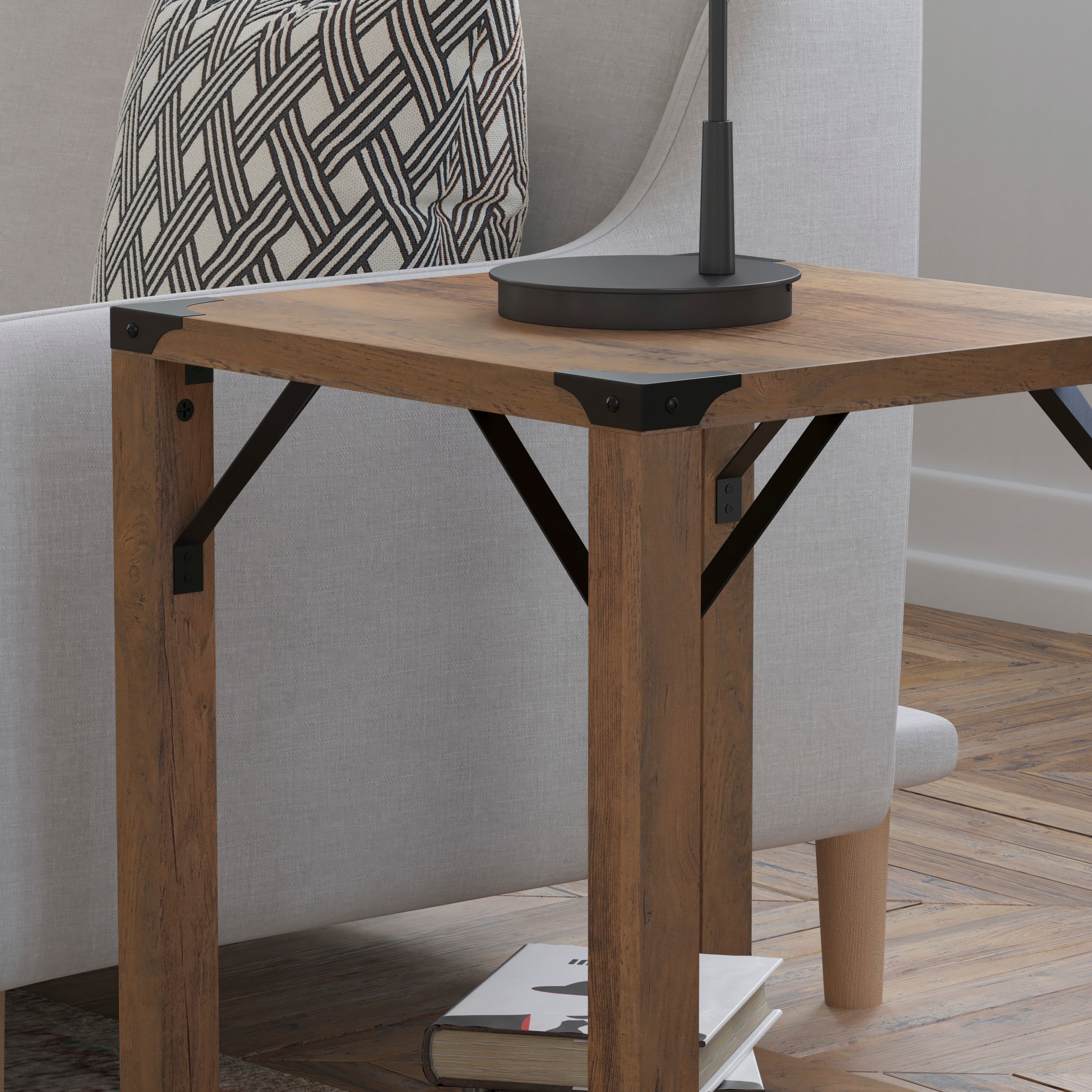 Wyatt Modern Farmhouse Wooden 2 Tier End Table with Metal Corner Accents and Cross Bracing