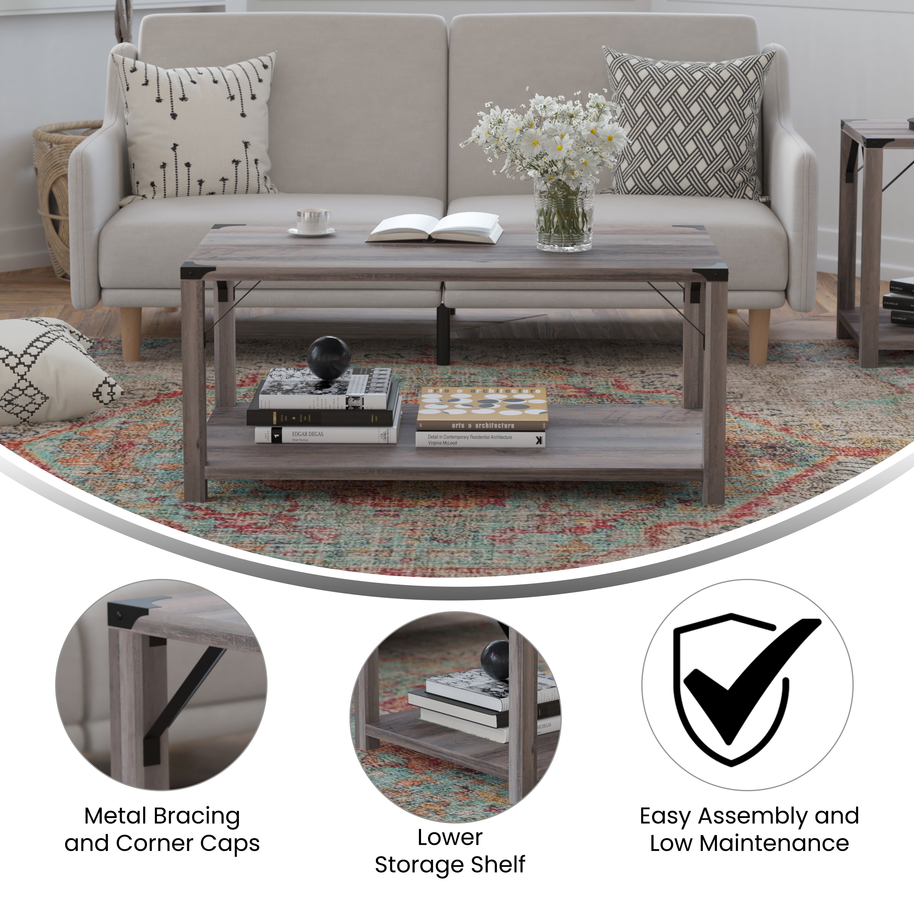 Wyatt Modern Farmhouse Wooden 2 Tier Coffee Table with Metal Corner Accents and Cross Bracing