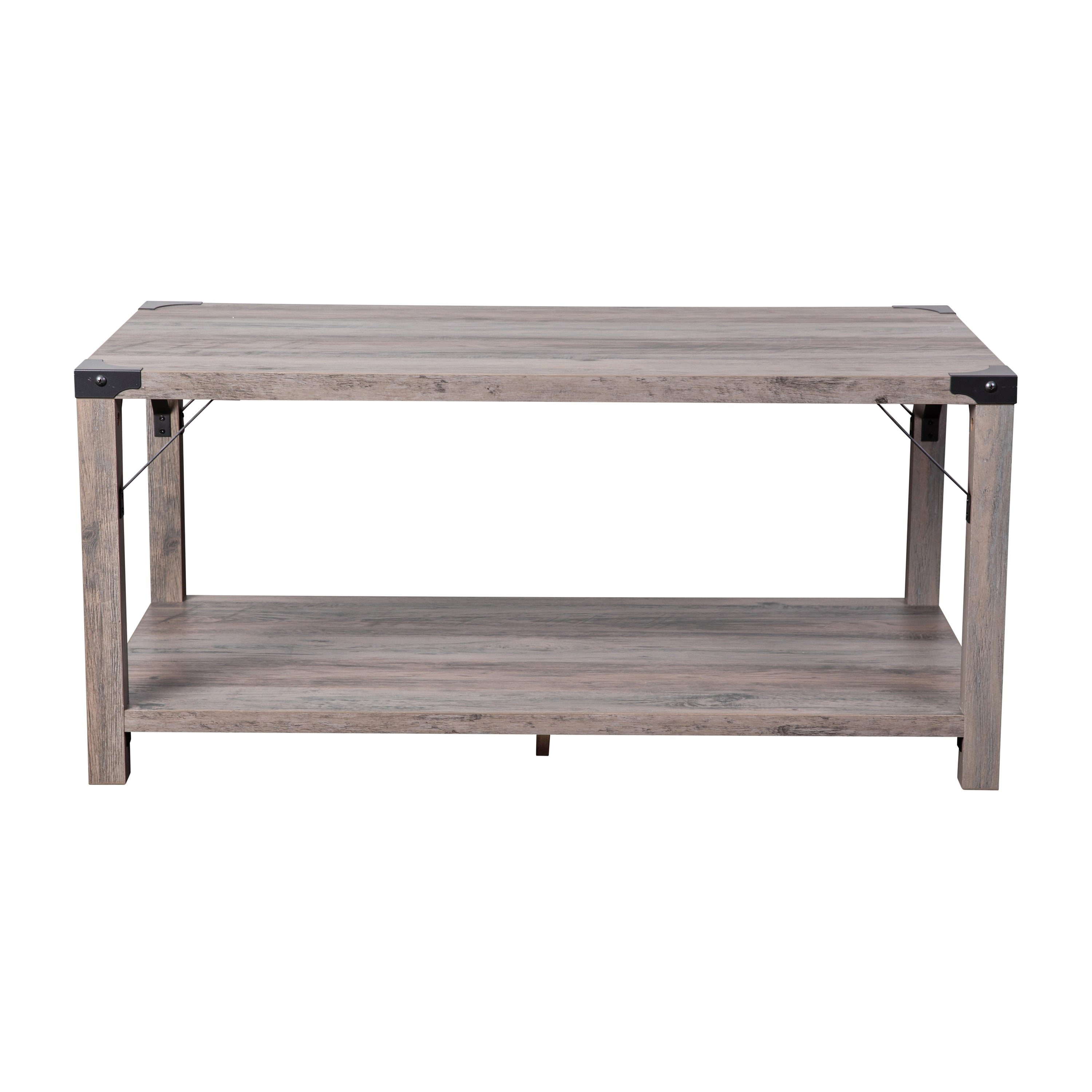 Wyatt Modern Farmhouse Wooden 2 Tier Coffee Table with Metal Corner Accents and Cross Bracing