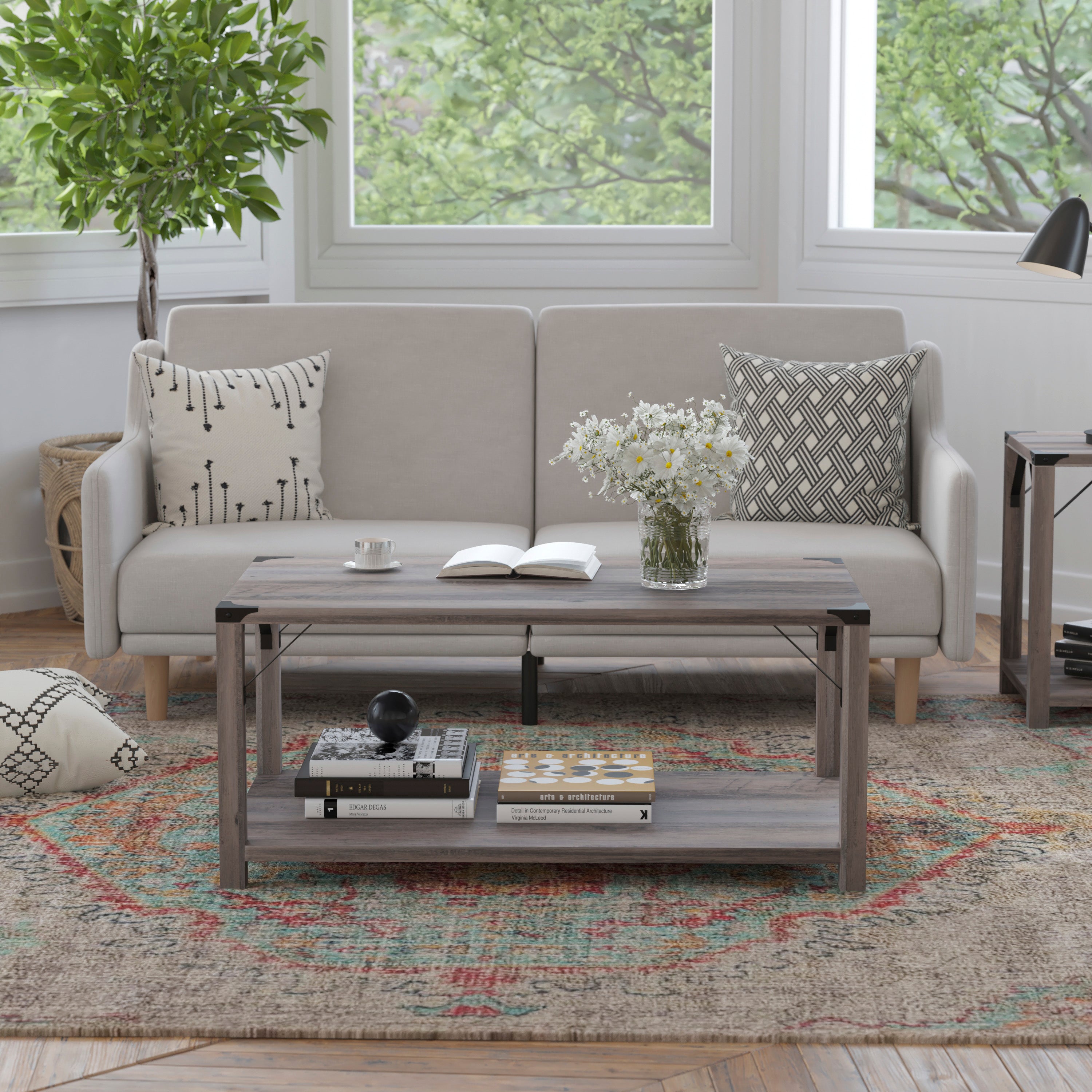 Wyatt Modern Farmhouse Wooden 2 Tier Coffee Table with Metal Corner Accents and Cross Bracing-Coffee Table-Flash Furniture-Wall2Wall Furnishings