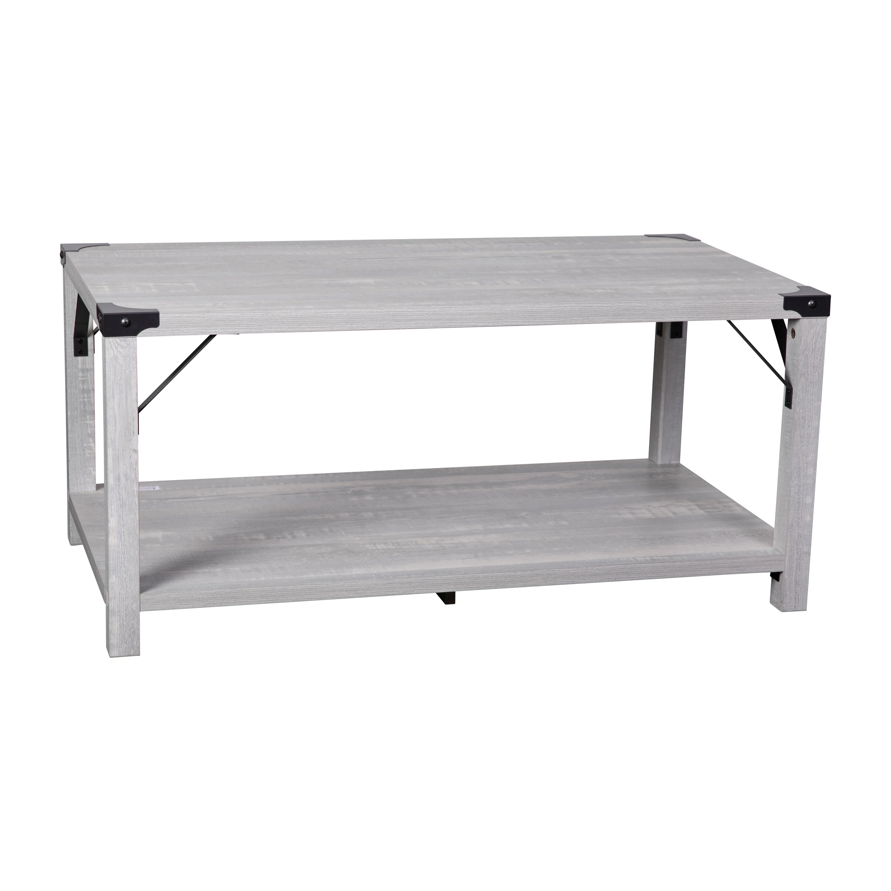 Wyatt Modern Farmhouse Wooden 2 Tier Coffee Table with Metal Corner Accents and Cross Bracing