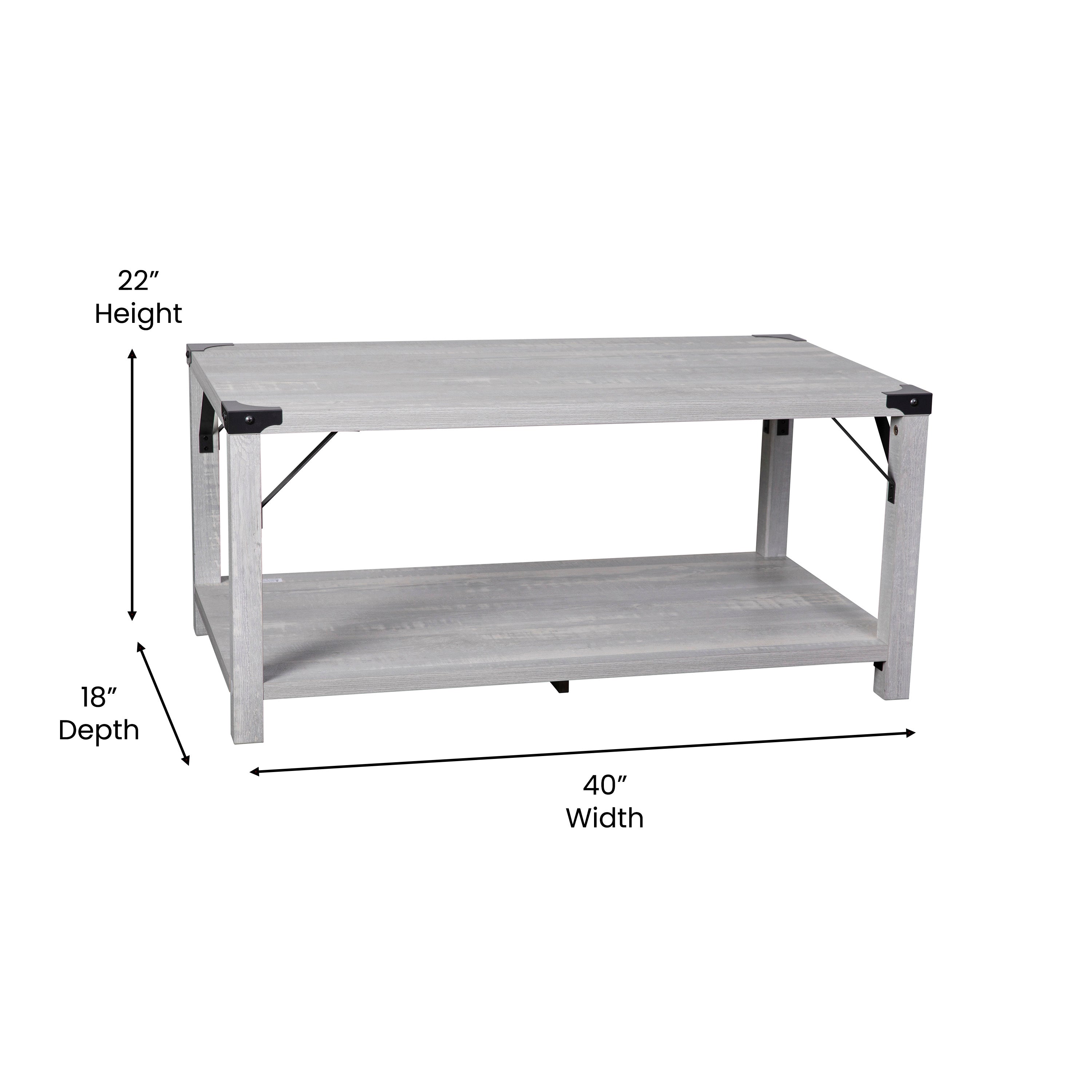 Wyatt Modern Farmhouse Wooden 2 Tier Coffee Table with Metal Corner Accents and Cross Bracing
