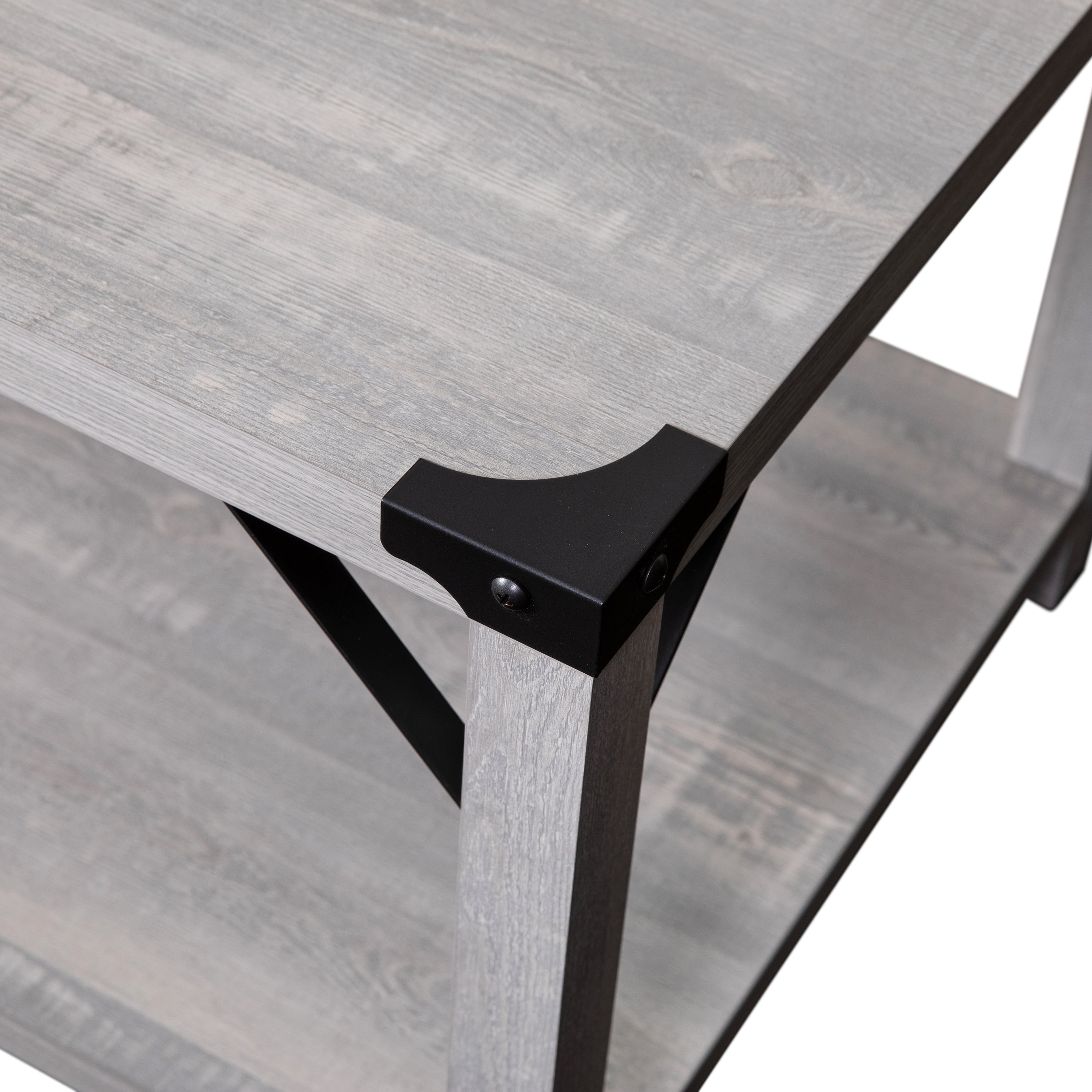 Wyatt Modern Farmhouse Wooden 2 Tier Coffee Table with Metal Corner Accents and Cross Bracing