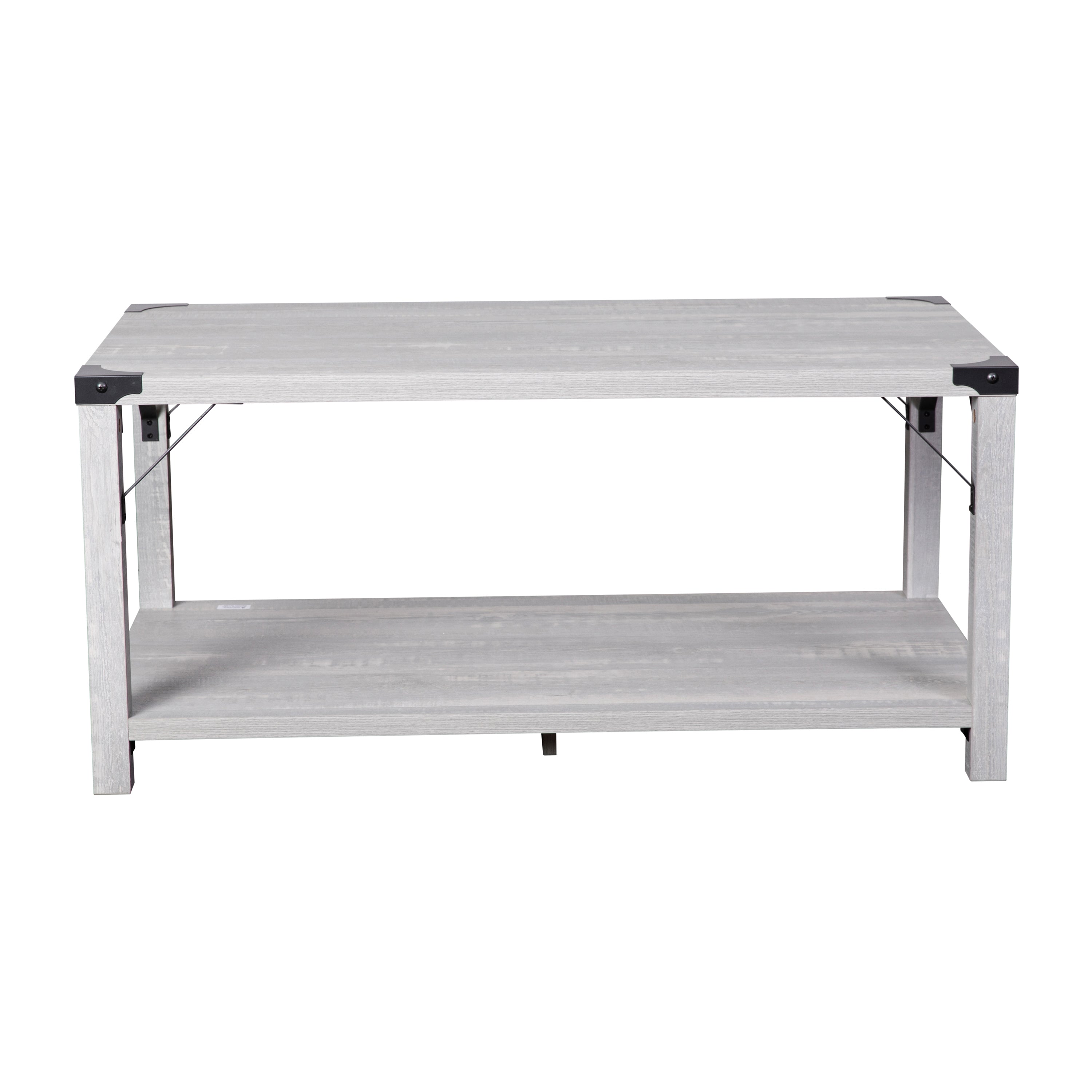 Wyatt Modern Farmhouse Wooden 2 Tier Coffee Table with Metal Corner Accents and Cross Bracing