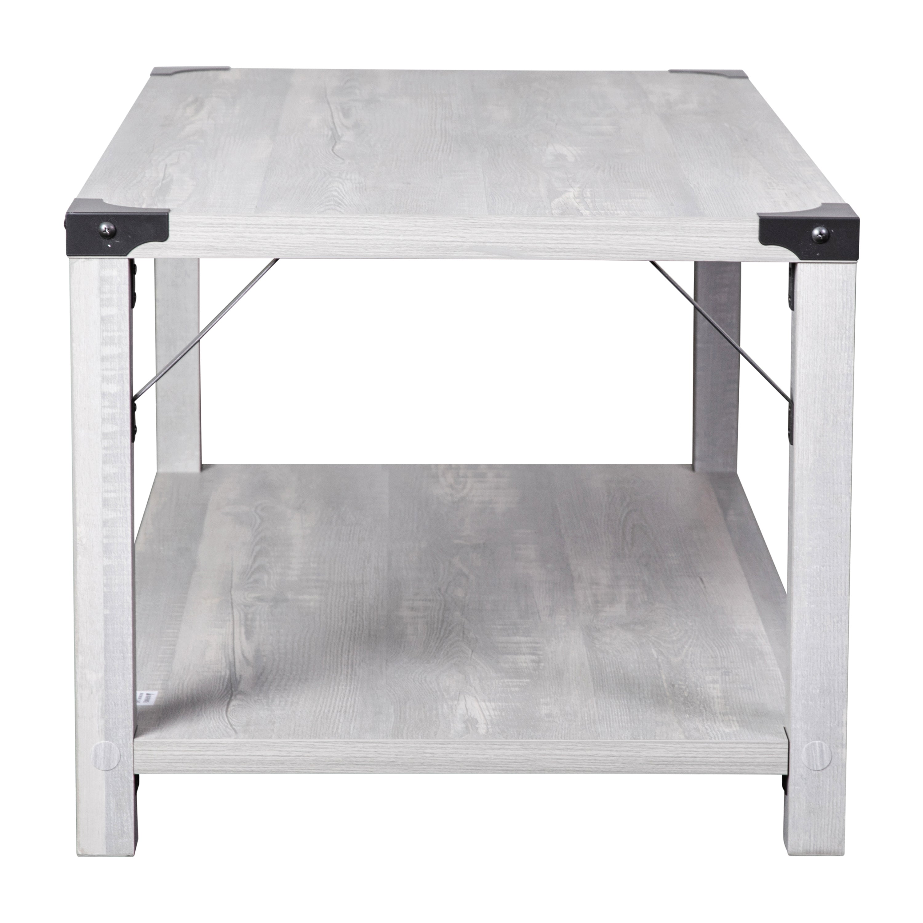 Wyatt Modern Farmhouse Wooden 2 Tier Coffee Table with Metal Corner Accents and Cross Bracing
