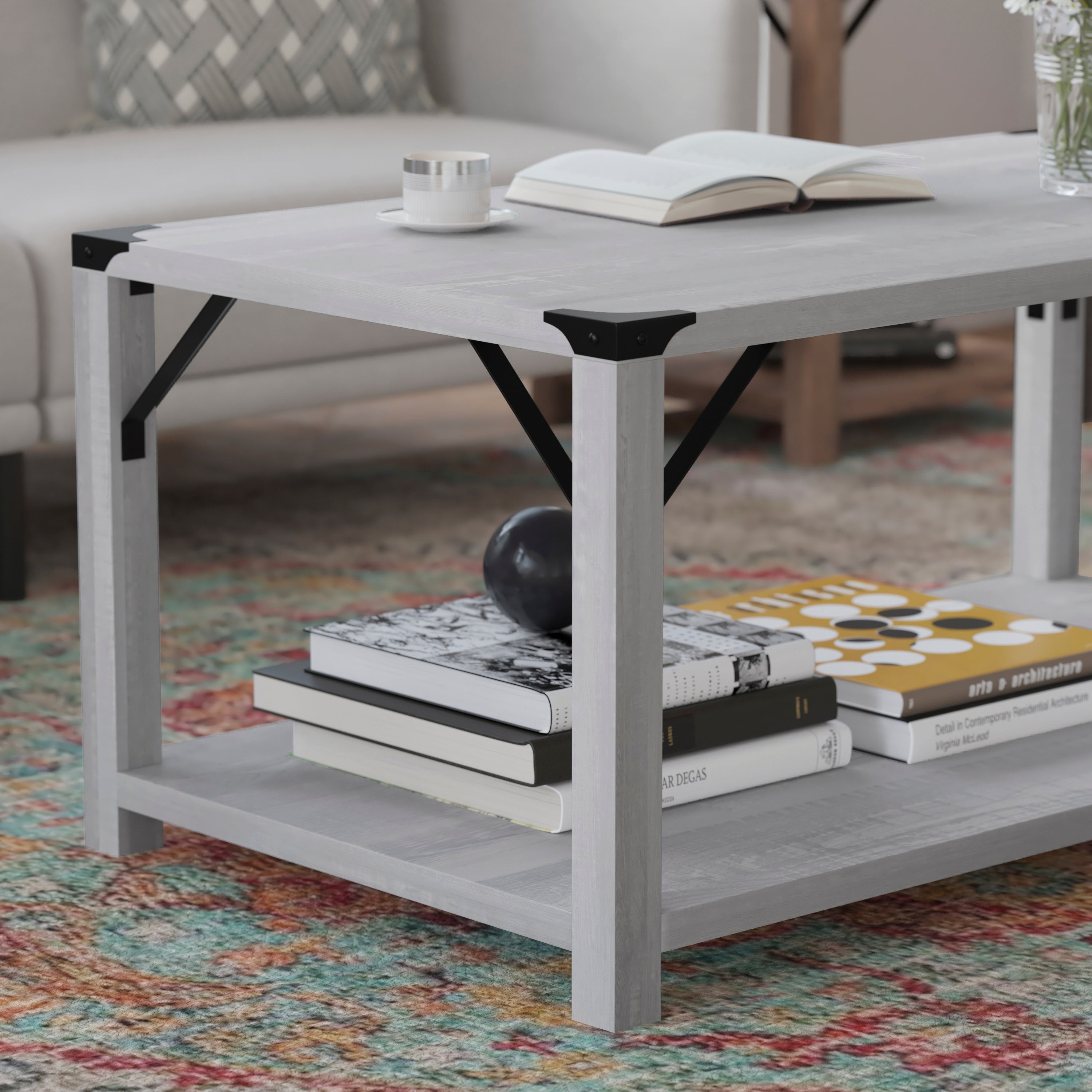 Wyatt Modern Farmhouse Wooden 2 Tier Coffee Table with Metal Corner Accents and Cross Bracing