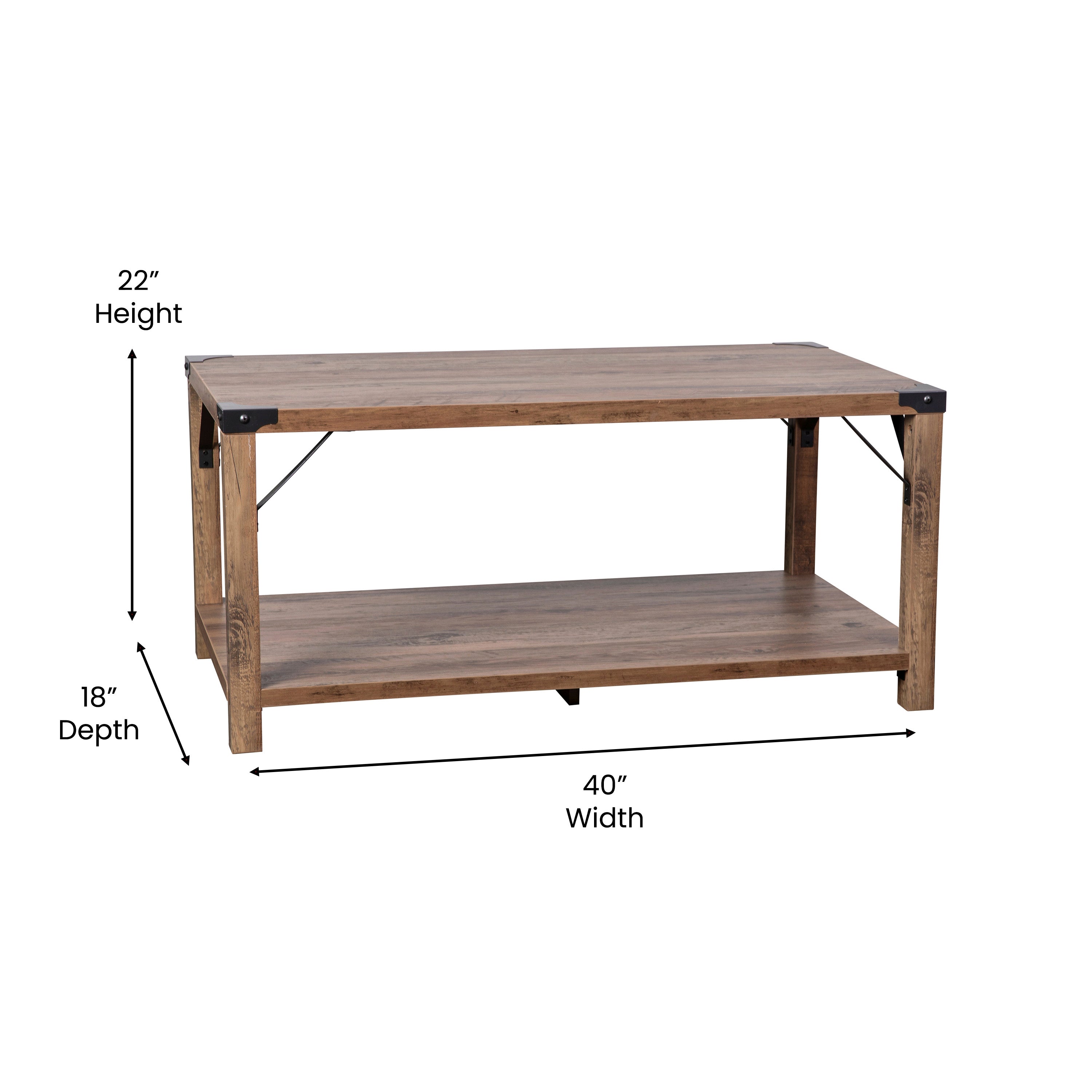 Wyatt Modern Farmhouse Wooden 2 Tier Coffee Table with Metal Corner Accents and Cross Bracing