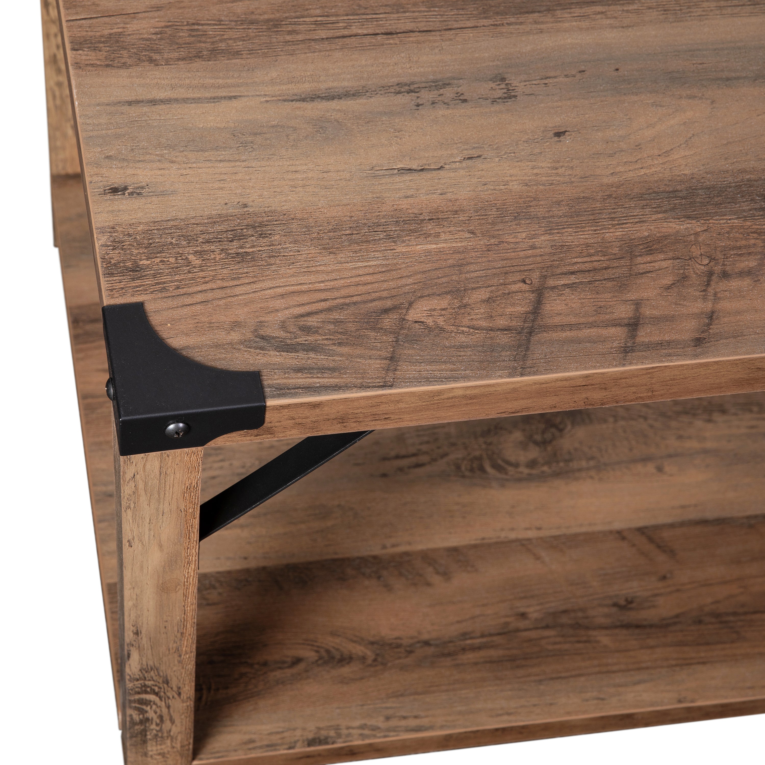 Wyatt Modern Farmhouse Wooden 2 Tier Coffee Table with Metal Corner Accents and Cross Bracing