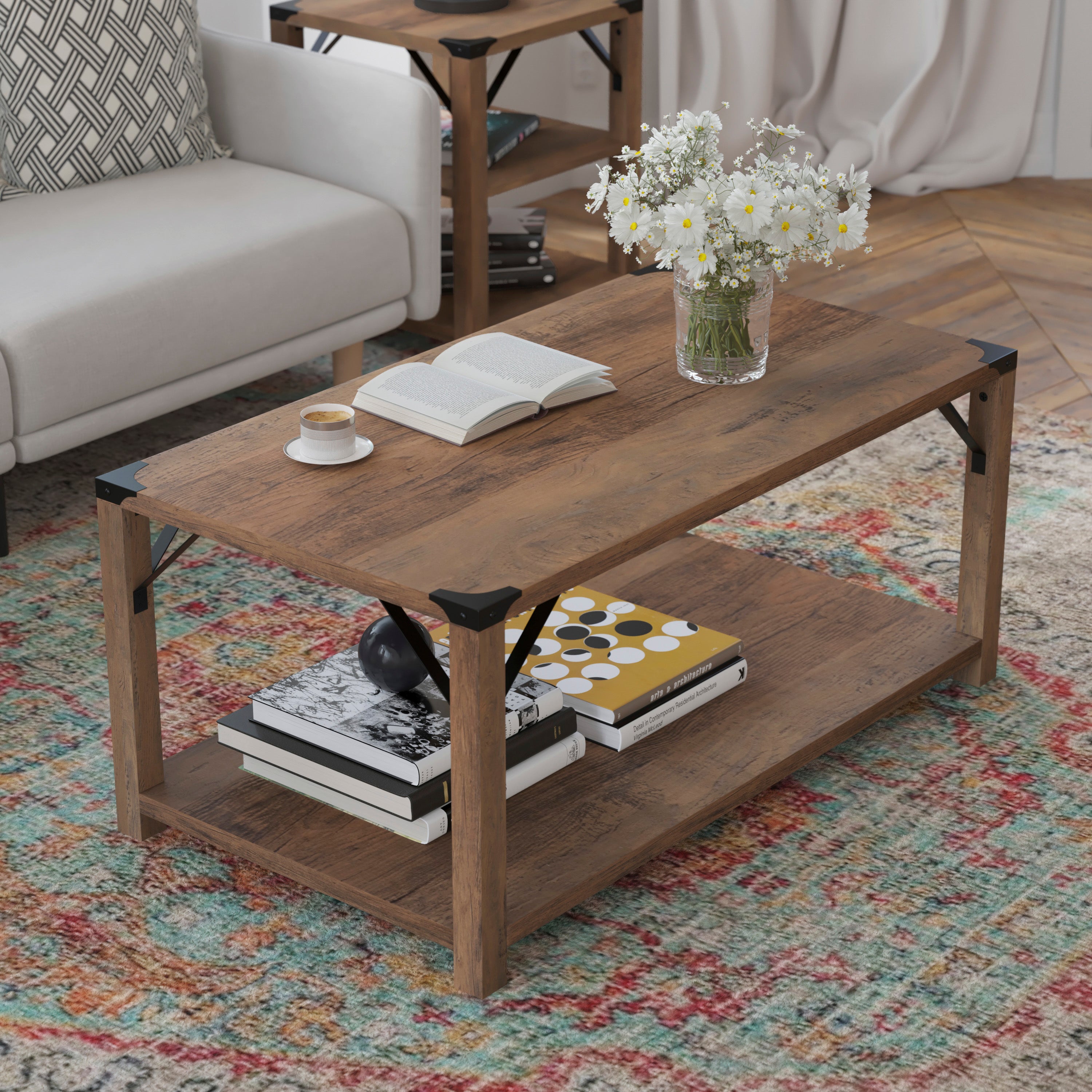 Wyatt Modern Farmhouse Wooden 2 Tier Coffee Table with Metal Corner Accents and Cross Bracing