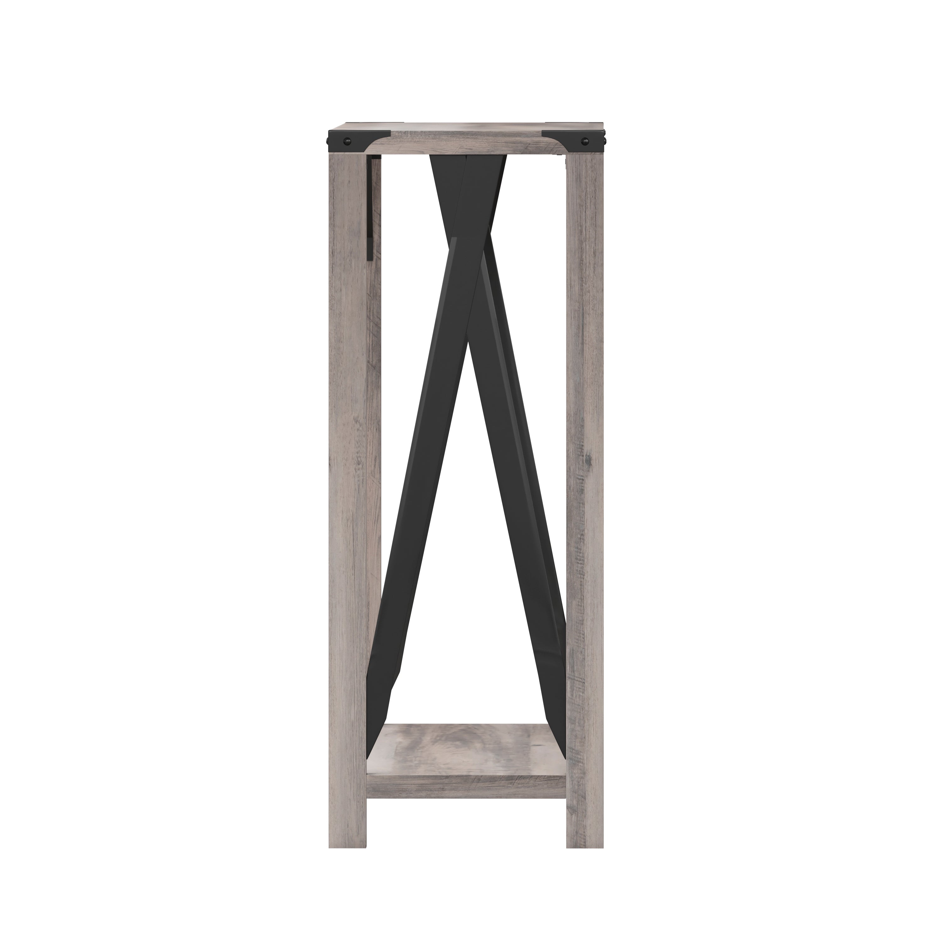 Wyatt Modern Farmhouse Wooden 2 Tier Console Entry Table with Metal Corner Accents and Cross Bracing