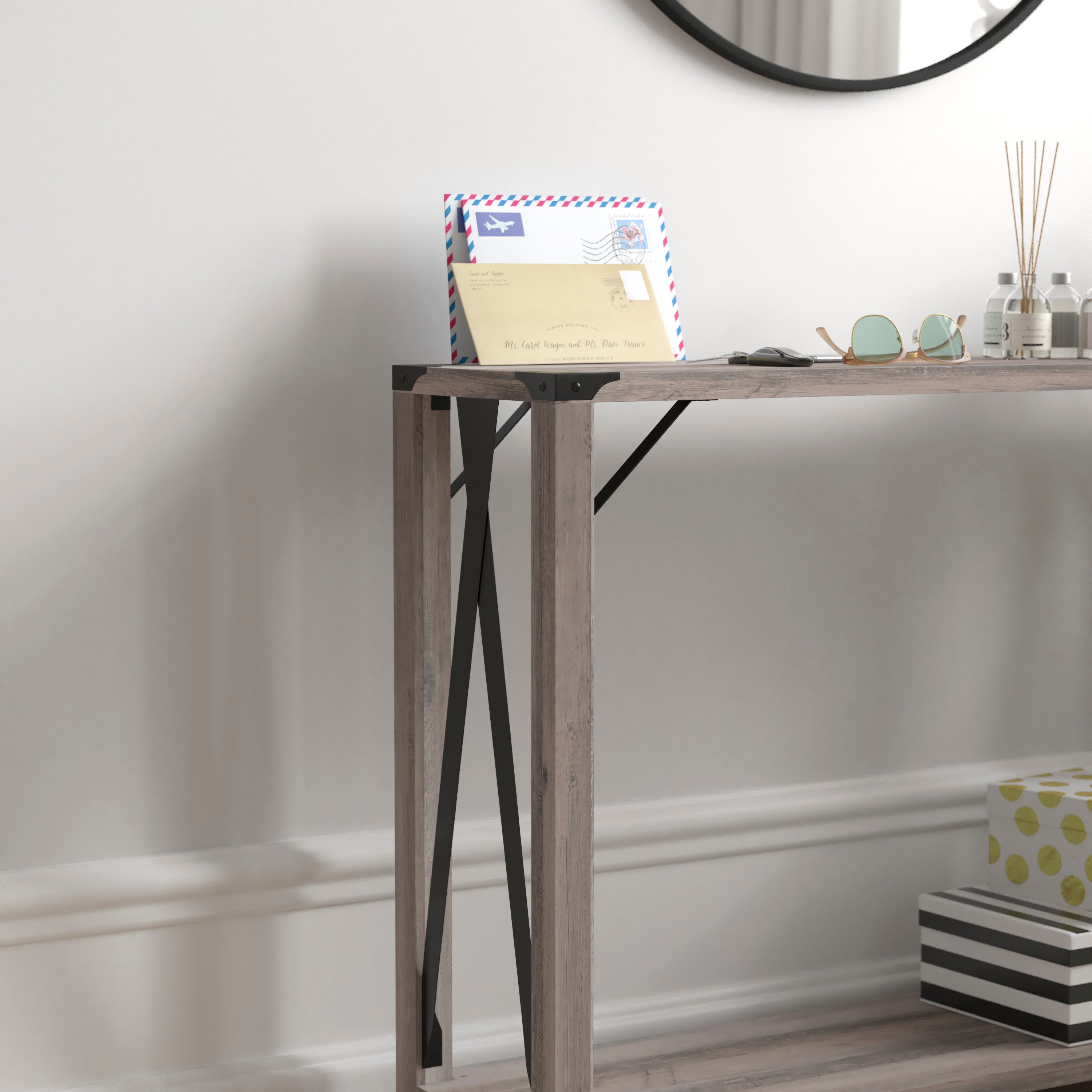 Wyatt Modern Farmhouse Wooden 2 Tier Console Entry Table with Metal Corner Accents and Cross Bracing