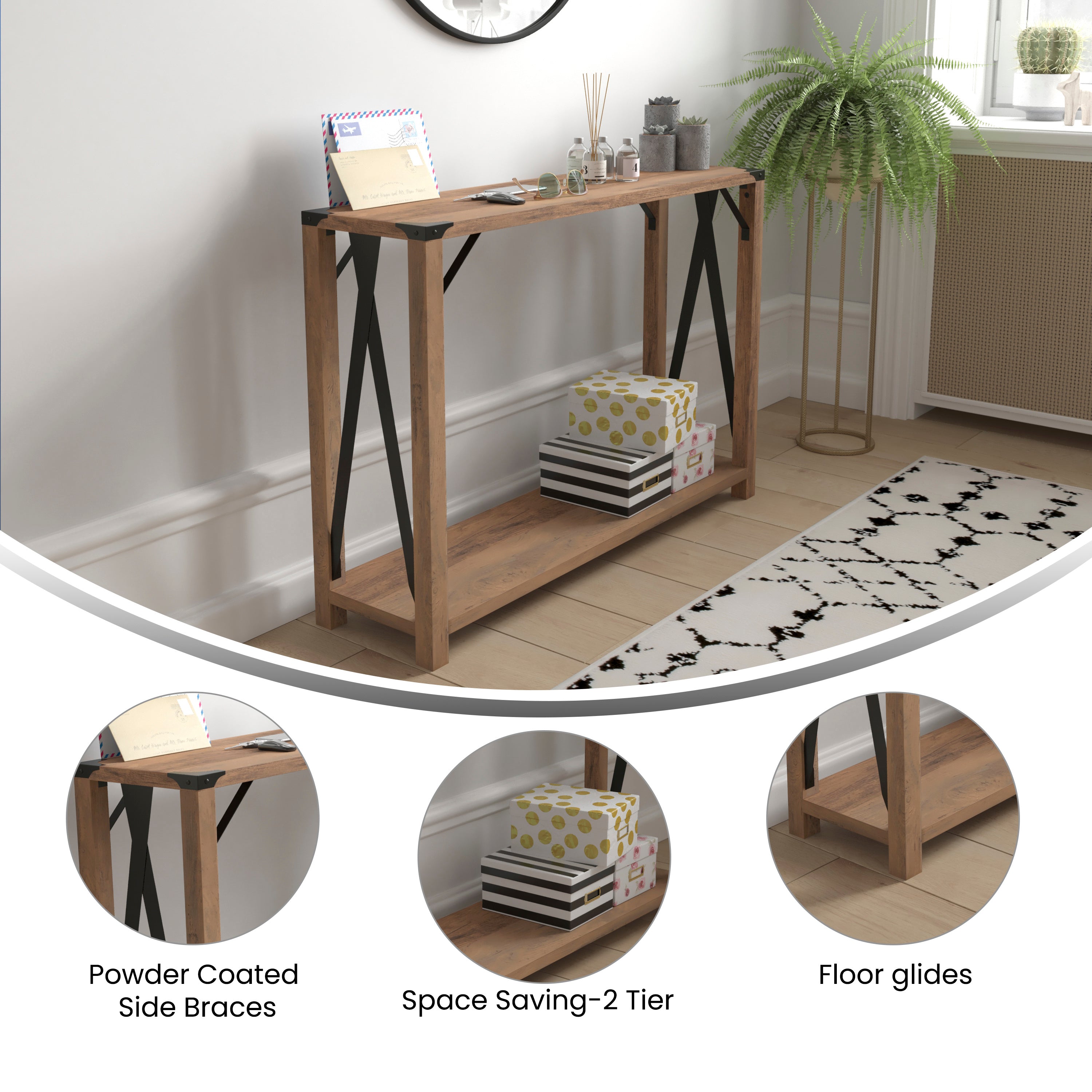 Wyatt Modern Farmhouse Wooden 2 Tier Console Entry Table with Metal Corner Accents and Cross Bracing