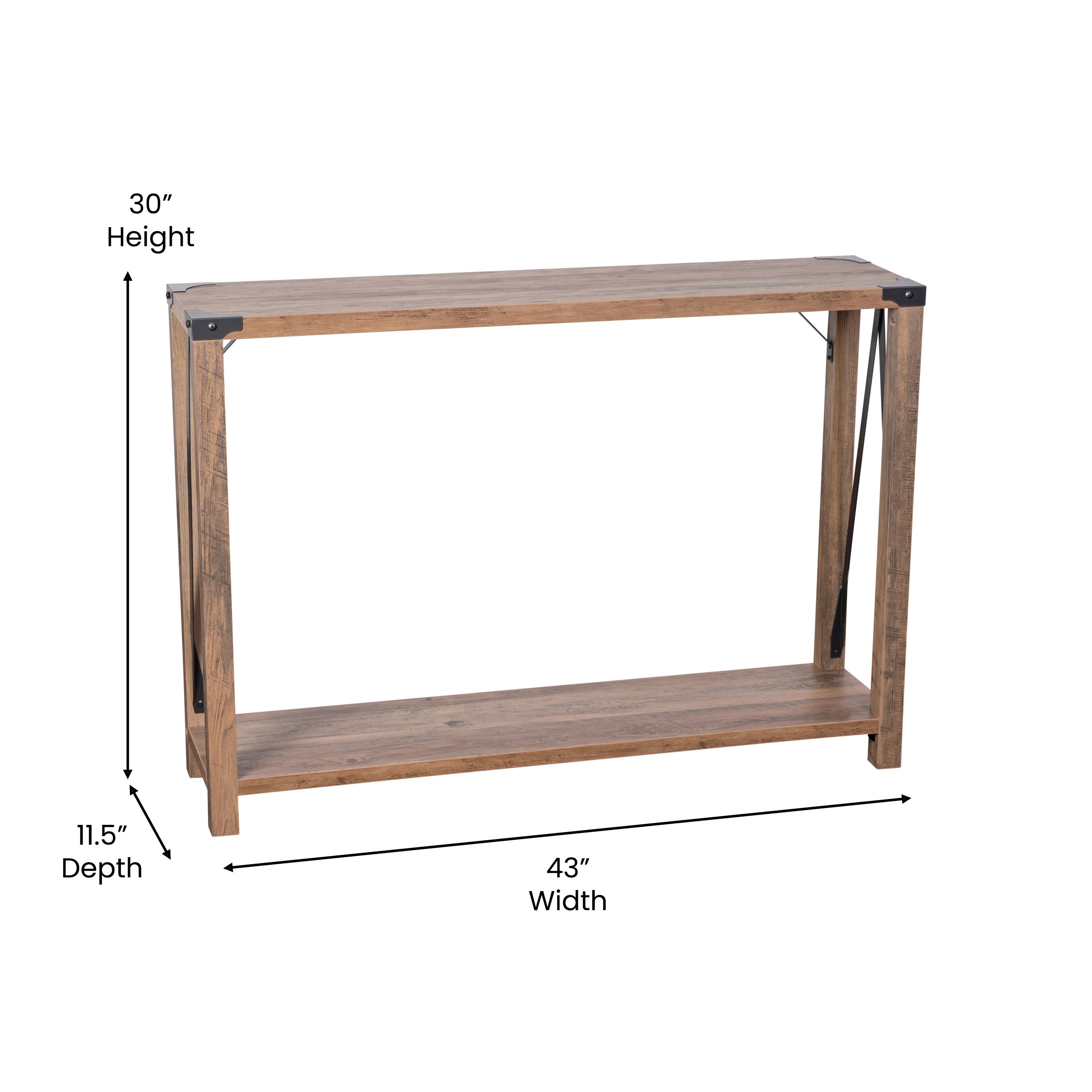 Wyatt Modern Farmhouse Wooden 2 Tier Console Entry Table with Metal Corner Accents and Cross Bracing