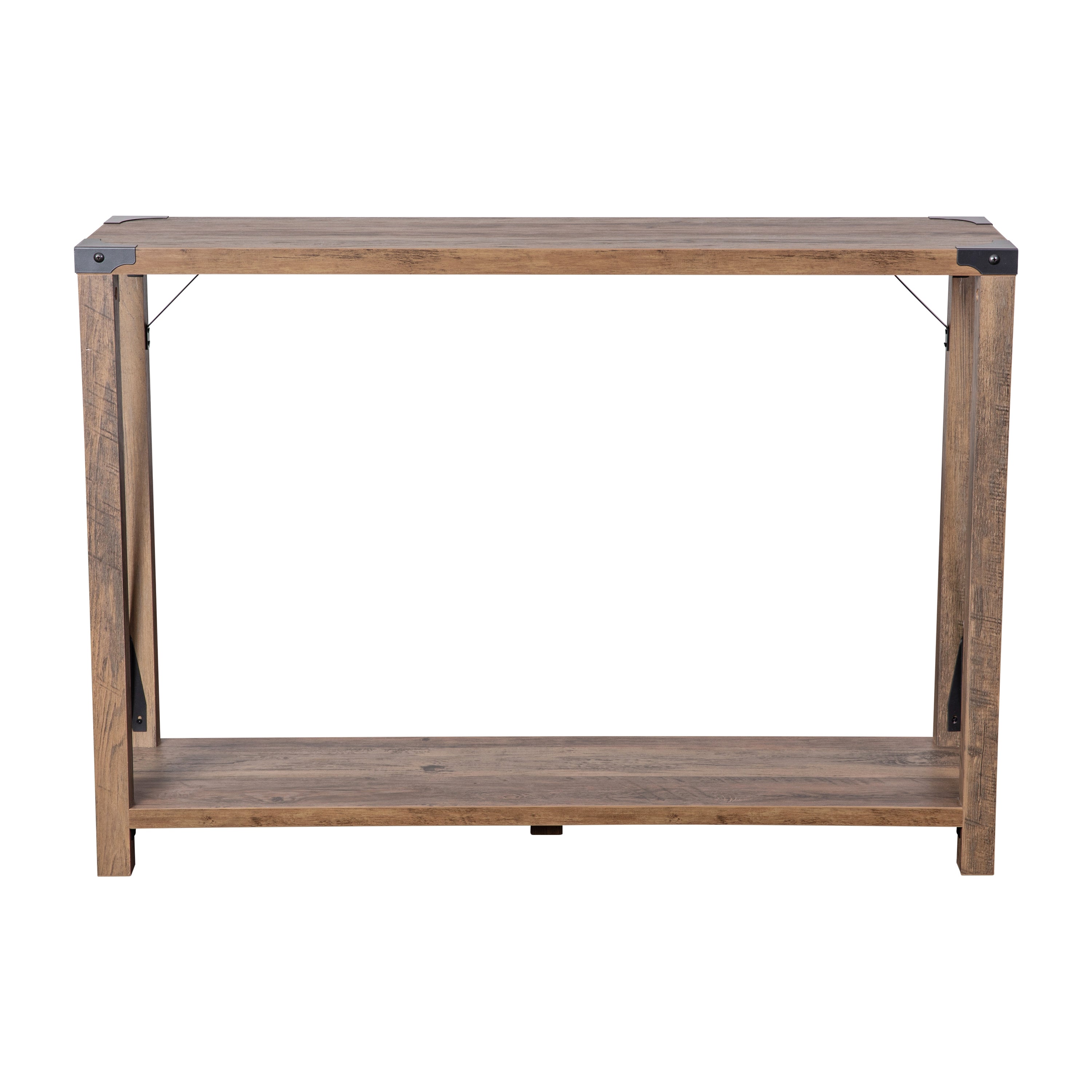 Wyatt Modern Farmhouse Wooden 2 Tier Console Entry Table with Metal Corner Accents and Cross Bracing
