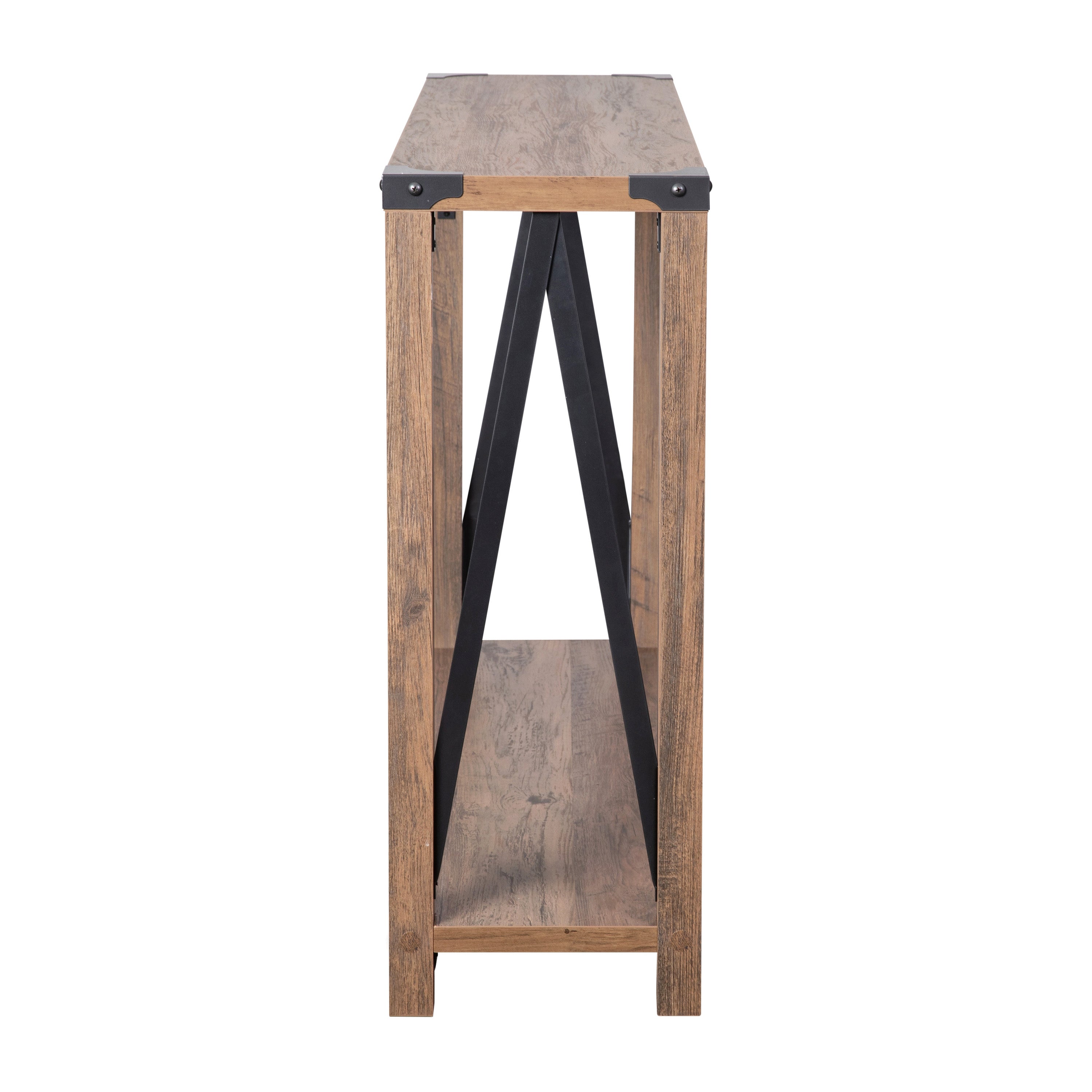 Wyatt Modern Farmhouse Wooden 2 Tier Console Entry Table with Metal Corner Accents and Cross Bracing