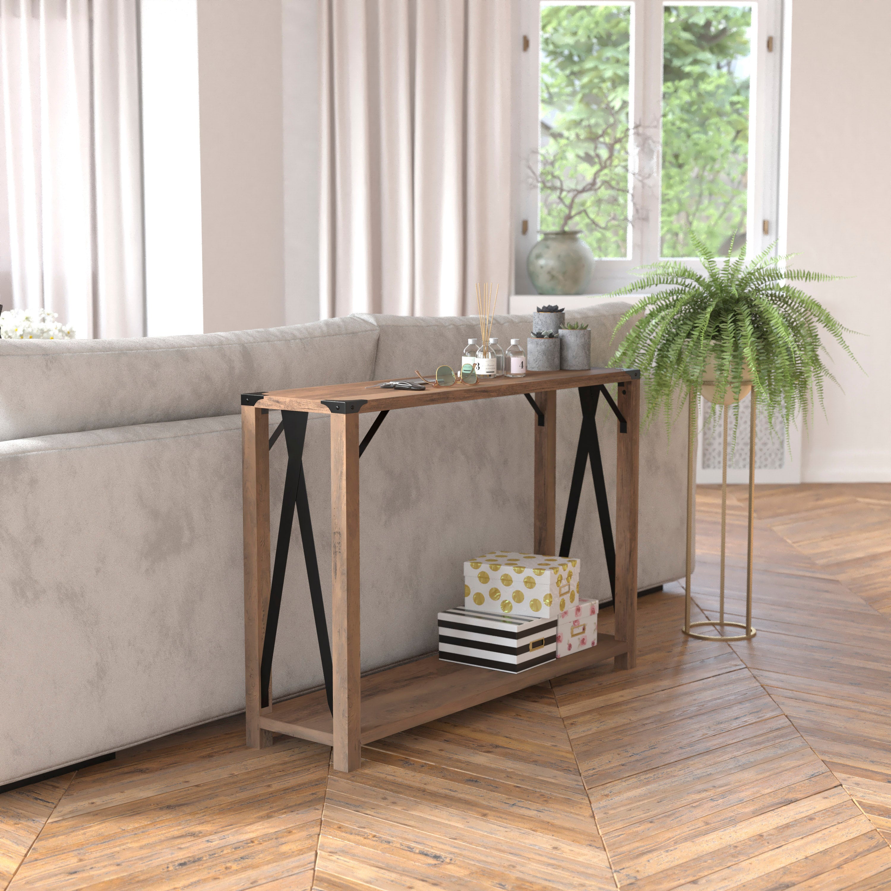 Wyatt Modern Farmhouse Wooden 2 Tier Console Entry Table with Metal Corner Accents and Cross Bracing