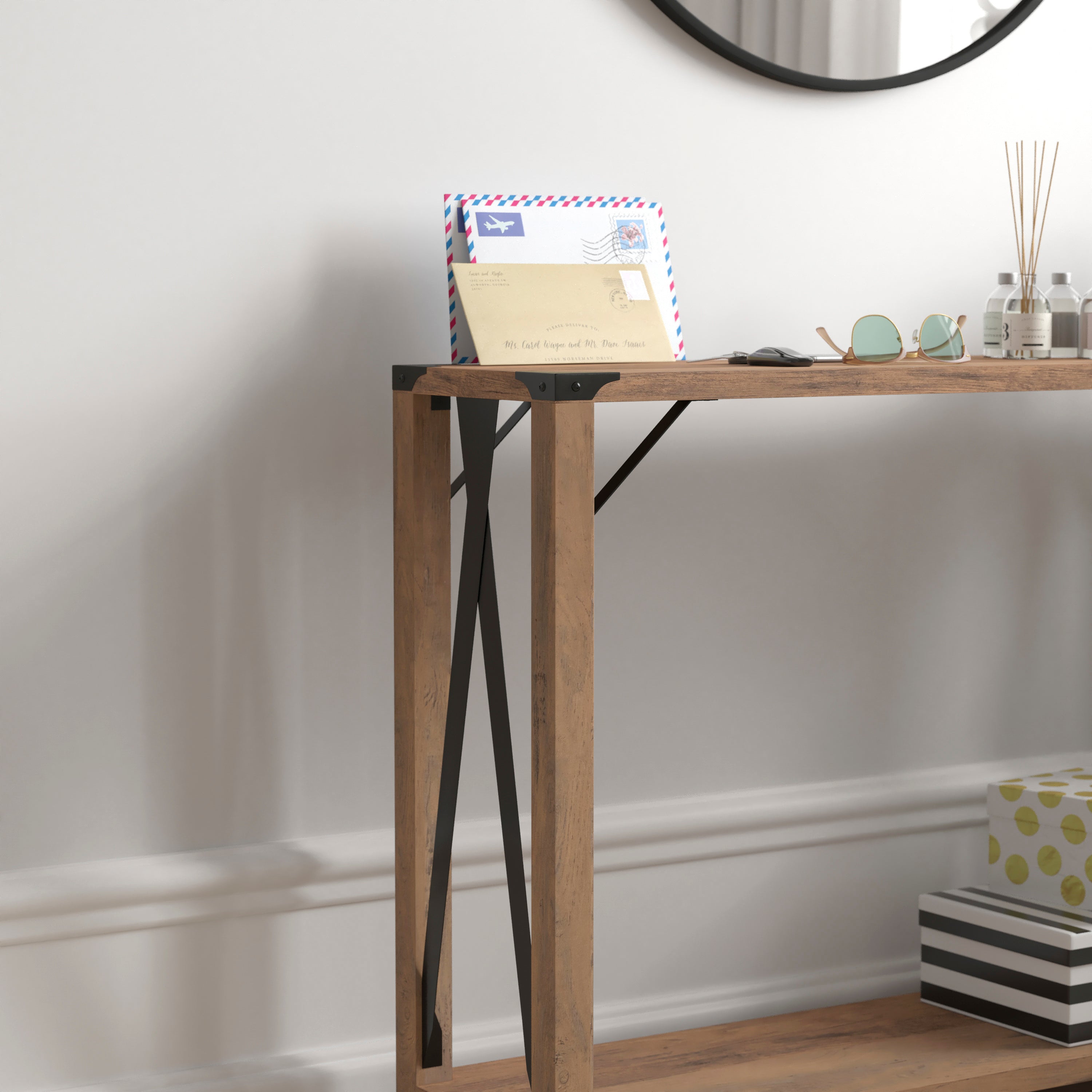 Wyatt Modern Farmhouse Wooden 2 Tier Console Entry Table with Metal Corner Accents and Cross Bracing-Console Table-Flash Furniture-Wall2Wall Furnishings