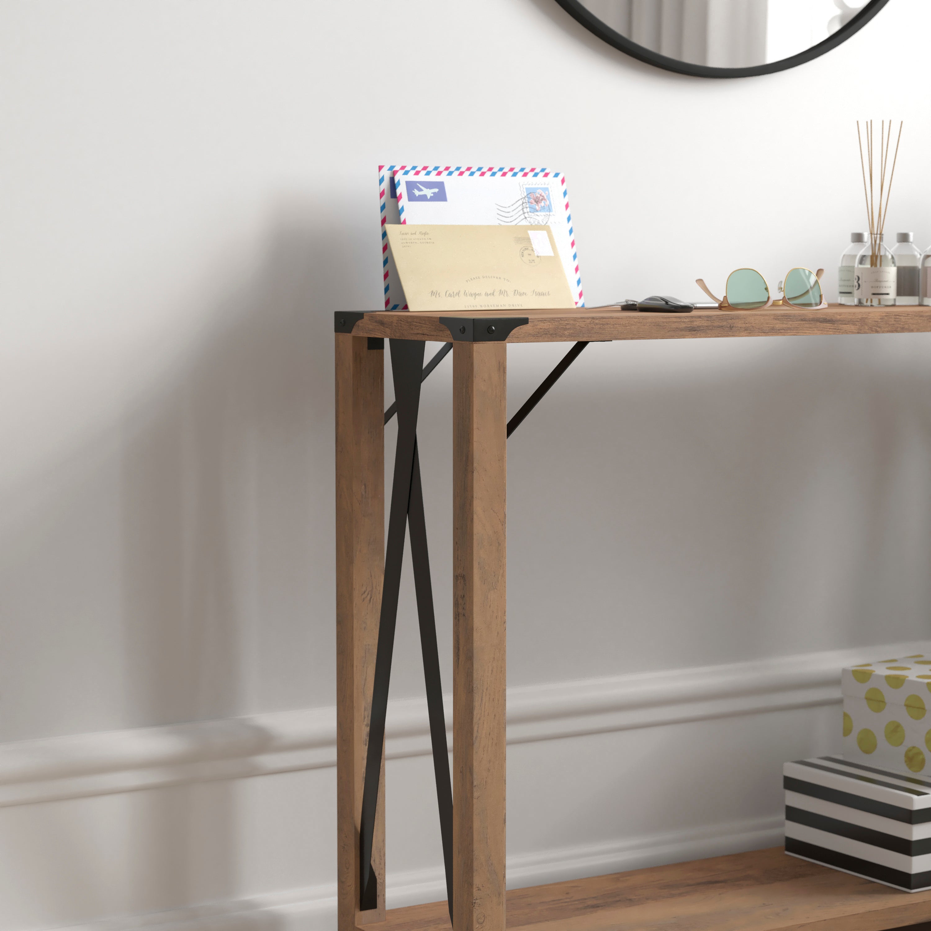 Wyatt Modern Farmhouse Wooden 2 Tier Console Entry Table with Metal Corner Accents and Cross Bracing