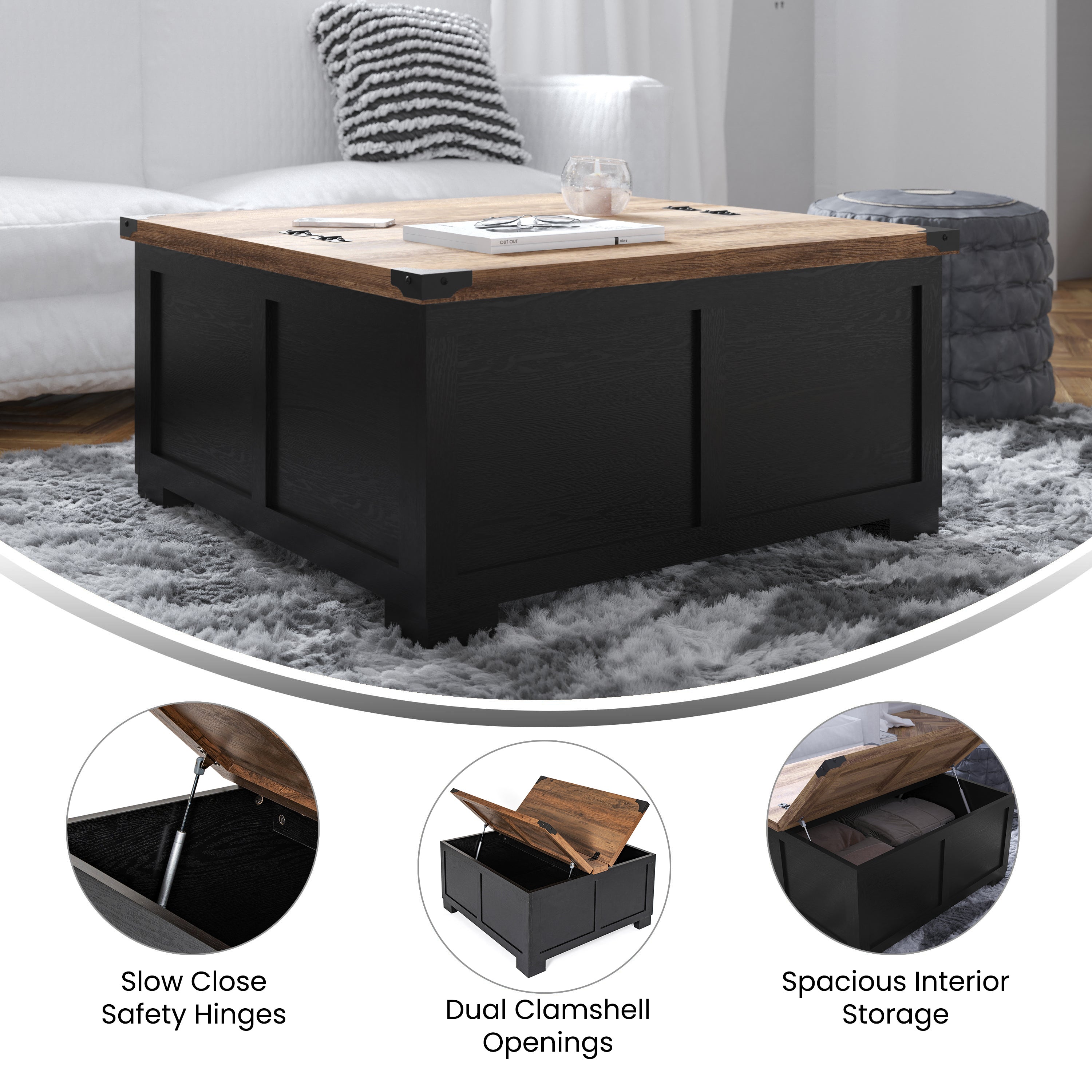 Wyatt Farmhouse Storage Coffee Table with Hinged Lift Top, Large Coffee Table with Hidden Storage
