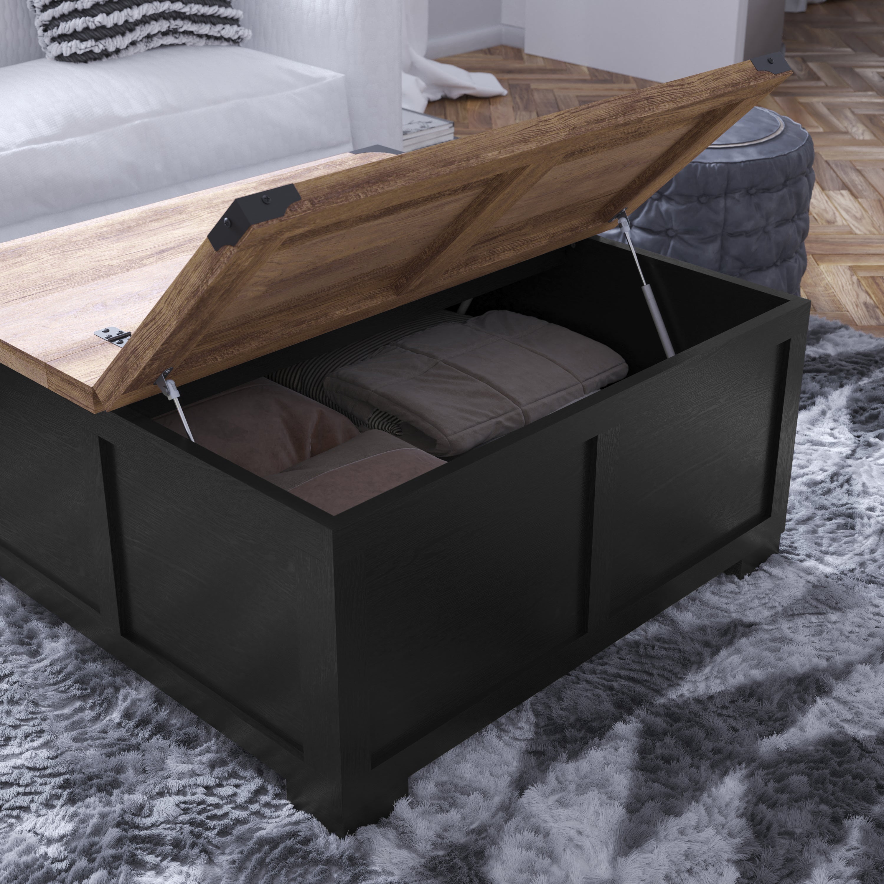 Wyatt Farmhouse Storage Coffee Table with Hinged Lift Top, Large Coffee Table with Hidden Storage