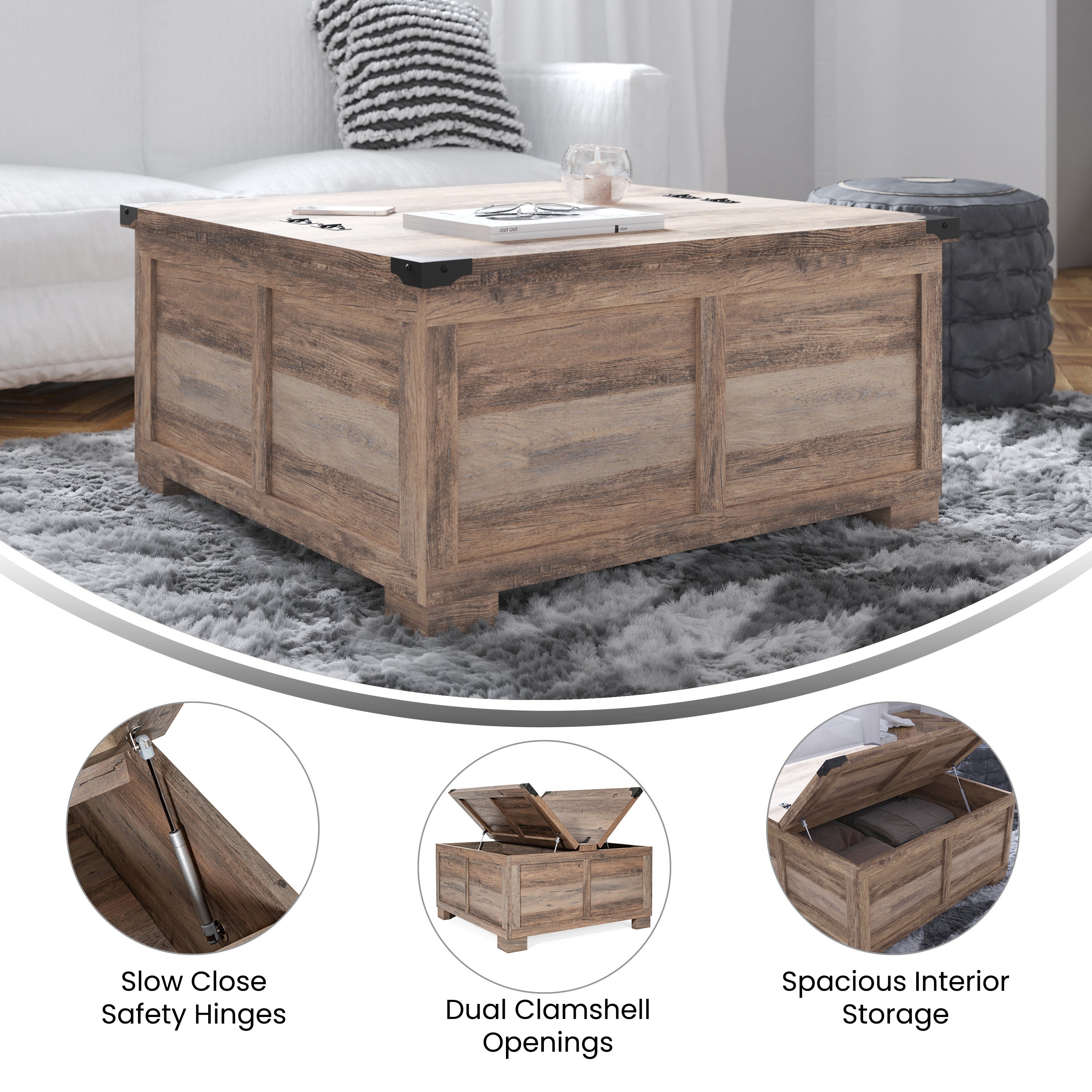 Wyatt Farmhouse Storage Coffee Table with Hinged Lift Top, Large Coffee Table with Hidden Storage