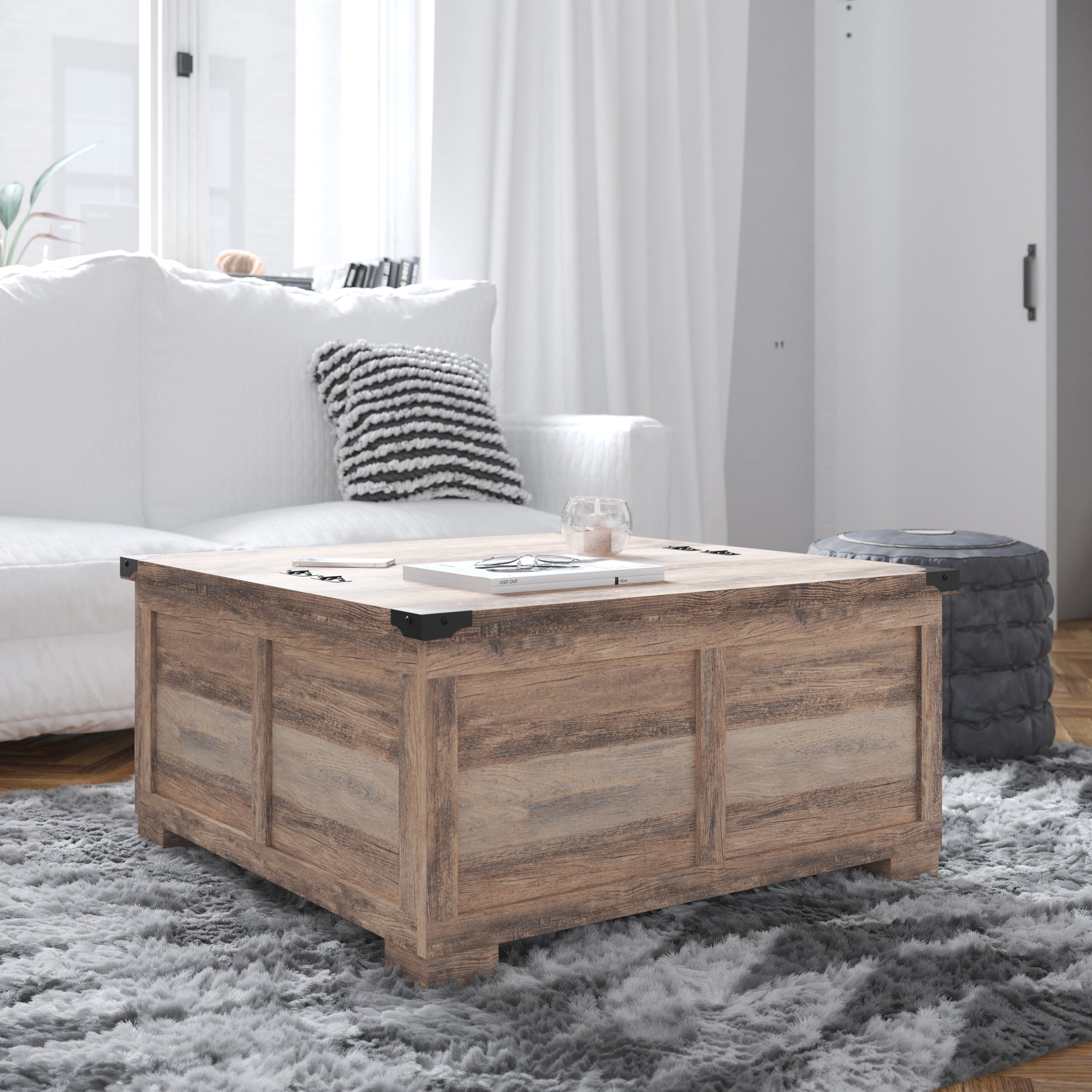 Wyatt Farmhouse Storage Coffee Table with Hinged Lift Top, Large Coffee Table with Hidden Storage