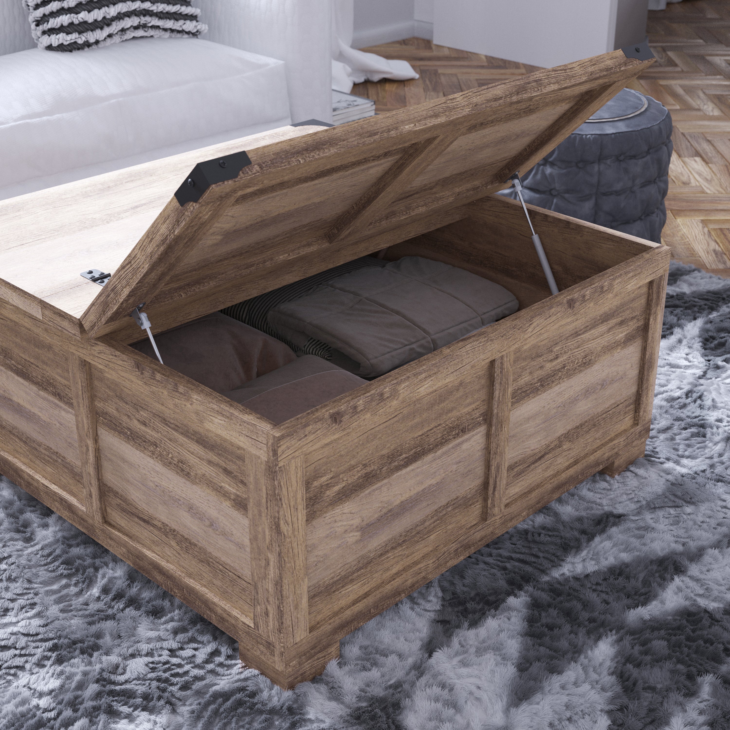 Wyatt Farmhouse Storage Coffee Table with Hinged Lift Top, Large Coffee Table with Hidden Storage