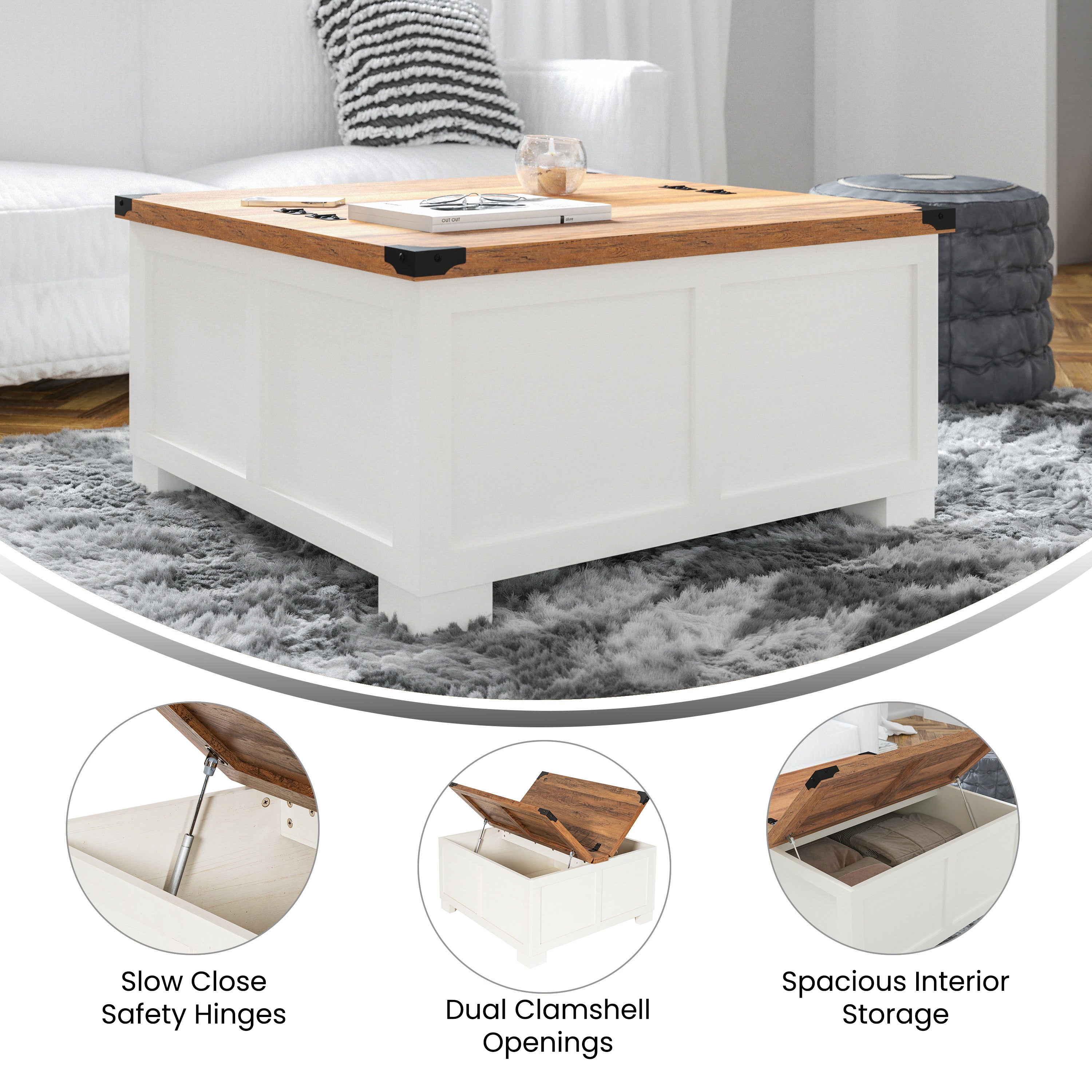 Wyatt Farmhouse Storage Coffee Table with Hinged Lift Top, Large Coffee Table with Hidden Storage