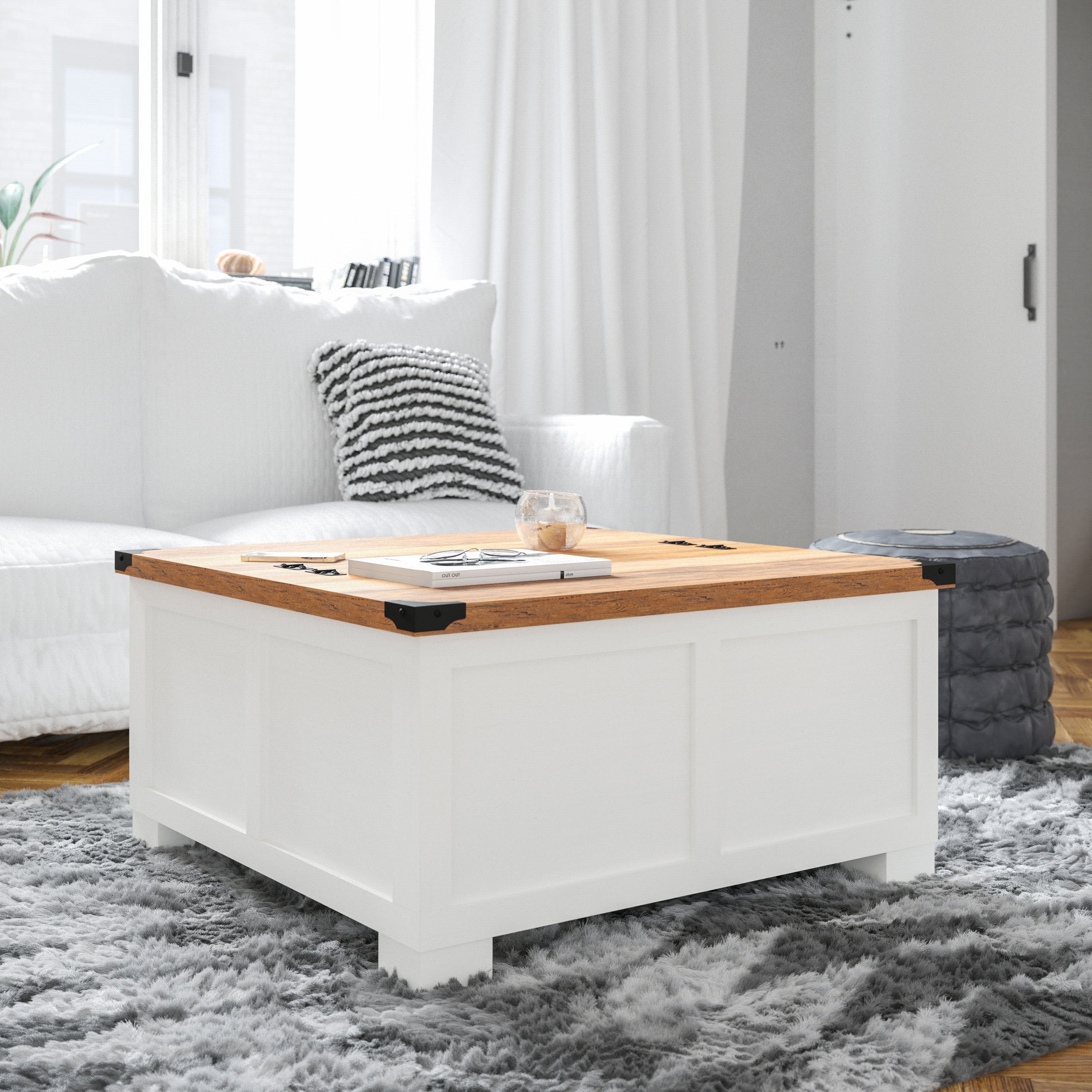 Wyatt Farmhouse Storage Coffee Table with Hinged Lift Top, Large Coffee Table with Hidden Storage