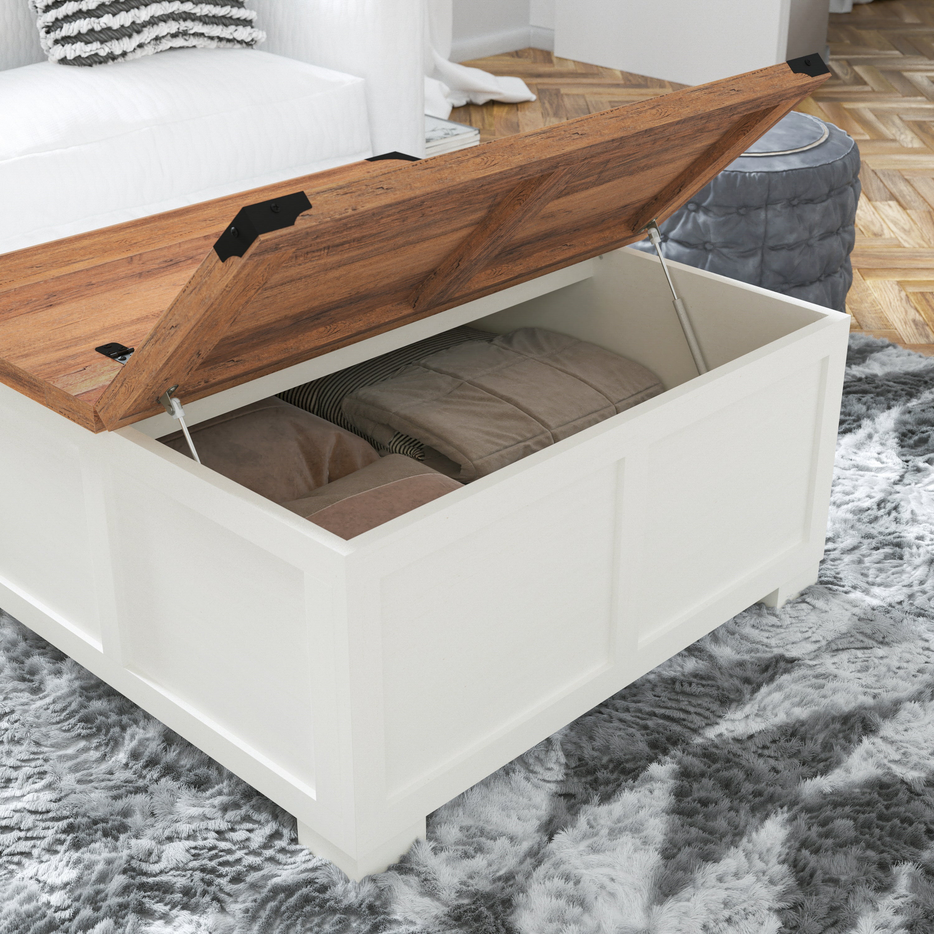 Wyatt Farmhouse Storage Coffee Table with Hinged Lift Top, Large Coffee Table with Hidden Storage
