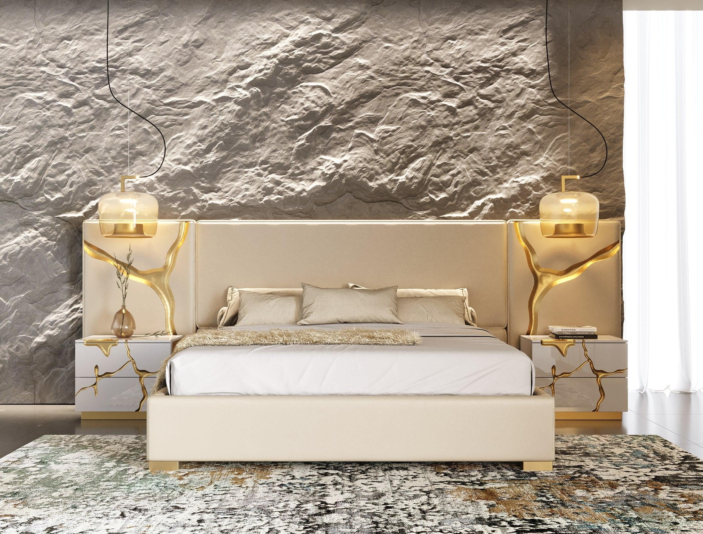 Modrest Aspen - Glam Beige Bonded Leather & Gold Bed-Bed-VIG-Wall2Wall Furnishings