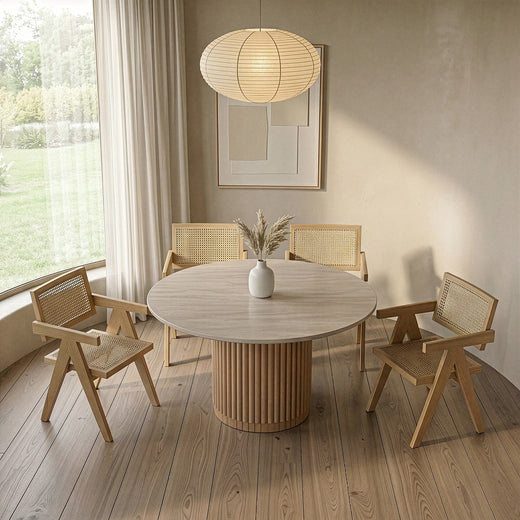 Bambi Modern Botticino Marble and Mango Round Dining Table
