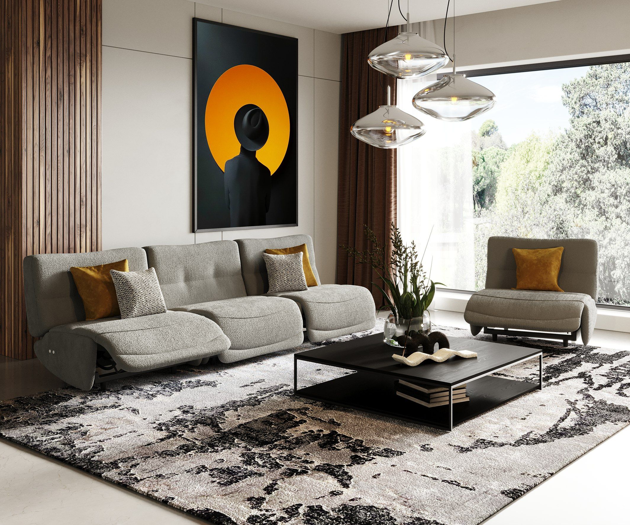 Divani Casa Basil Modern Fabric Large Sofa With 3 Electric Recliners