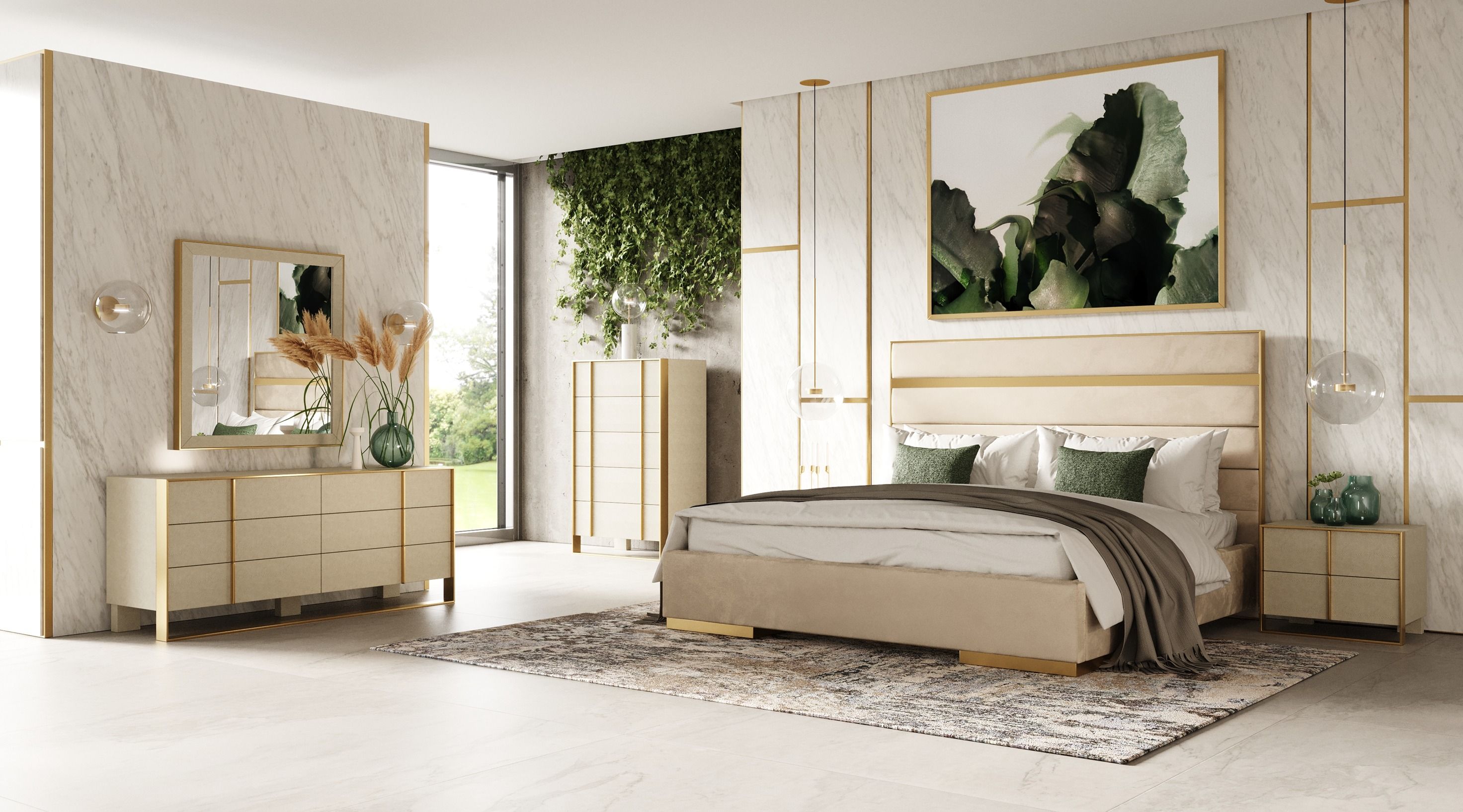 Modrest Cartier - Modern Beige Velvet and Brushed Brass Bed-Bed-VIG-Wall2Wall Furnishings