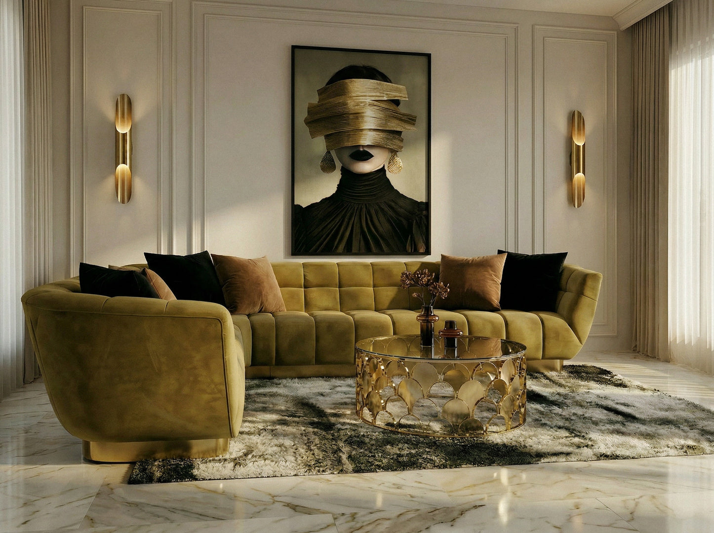 Granby Glam Mustard and Fabric Sectional Sofa