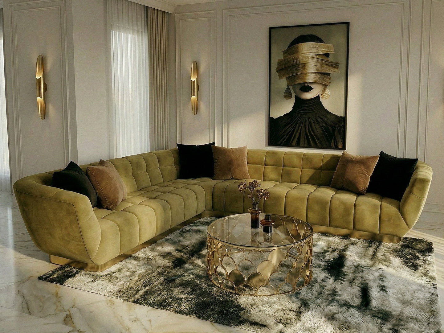 Granby Glam Mustard and Fabric Sectional Sofa