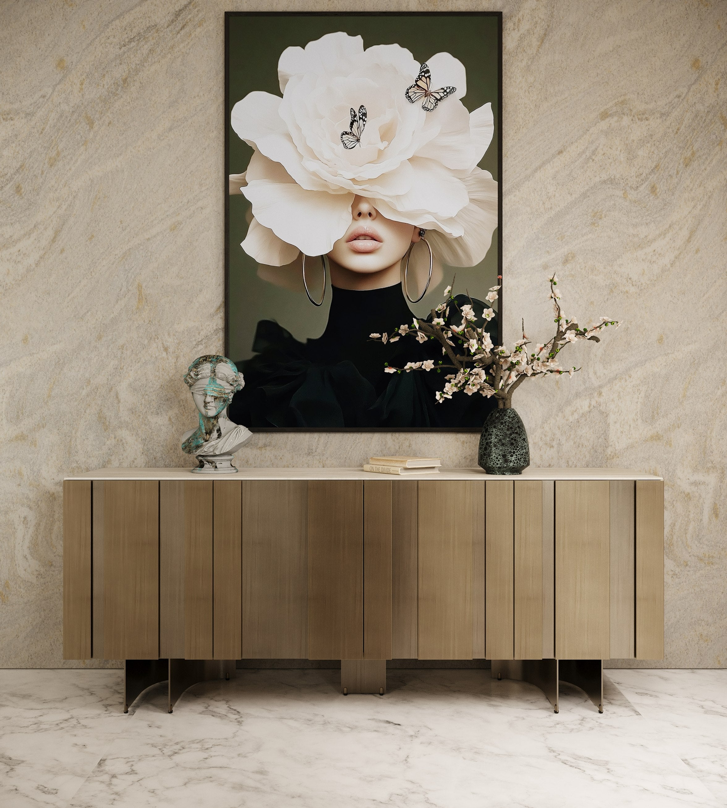 Kiefer Modern Faux Travertine Ceramic Buffet