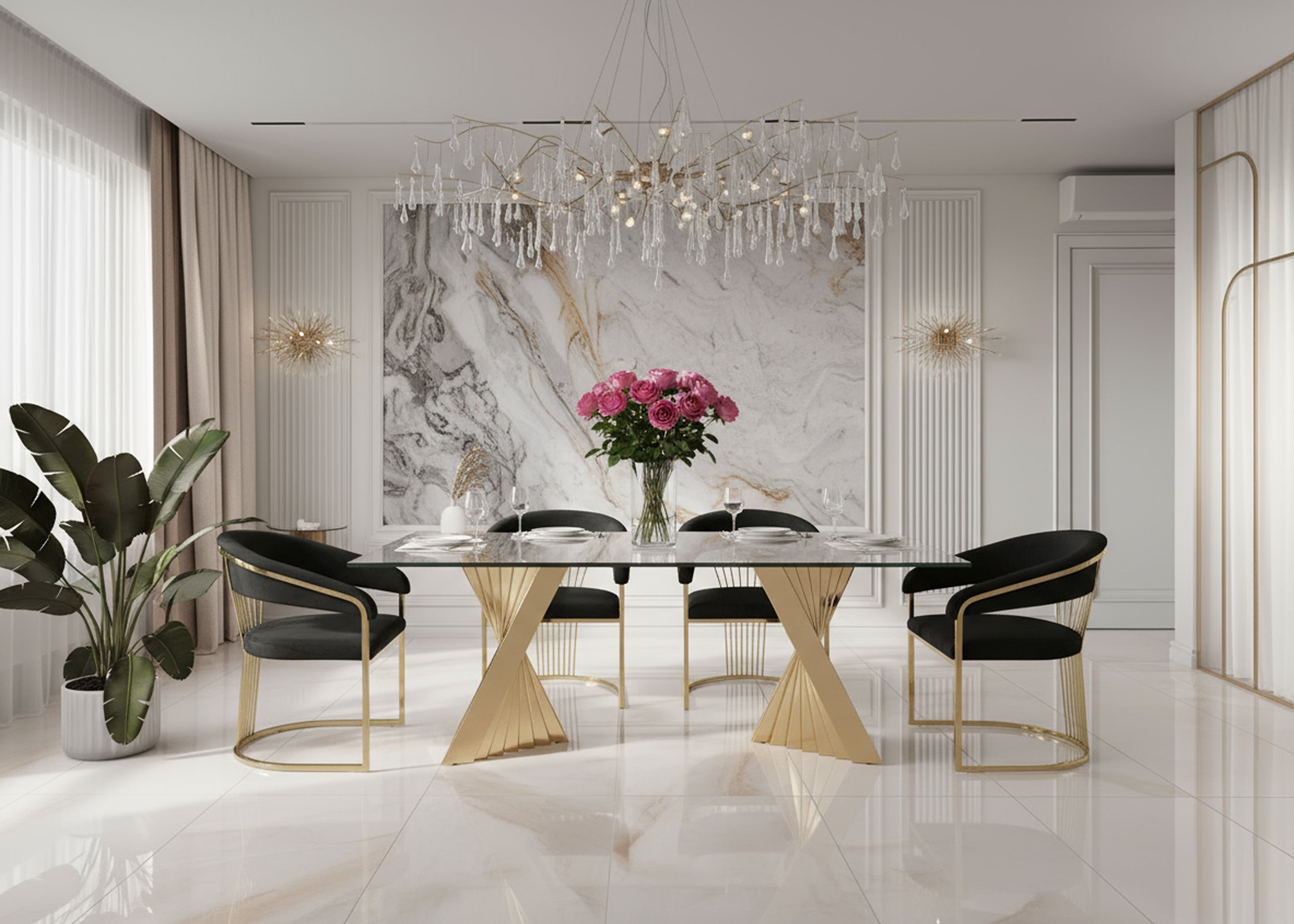 Buquet Glam Glass and Champagne Rectangular Dining Table