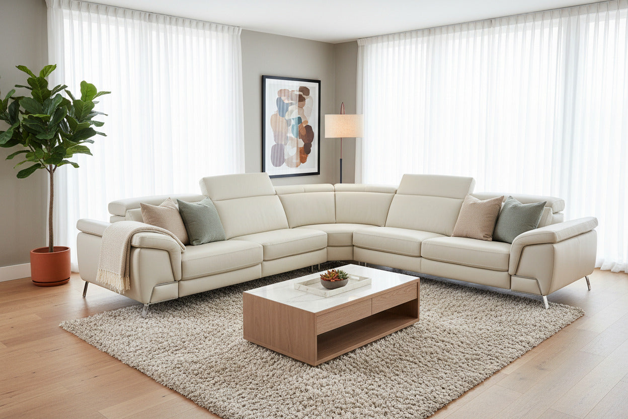 Mini Wonder Italian Modern Leather Sectional Sofa with Left Facing Recliner