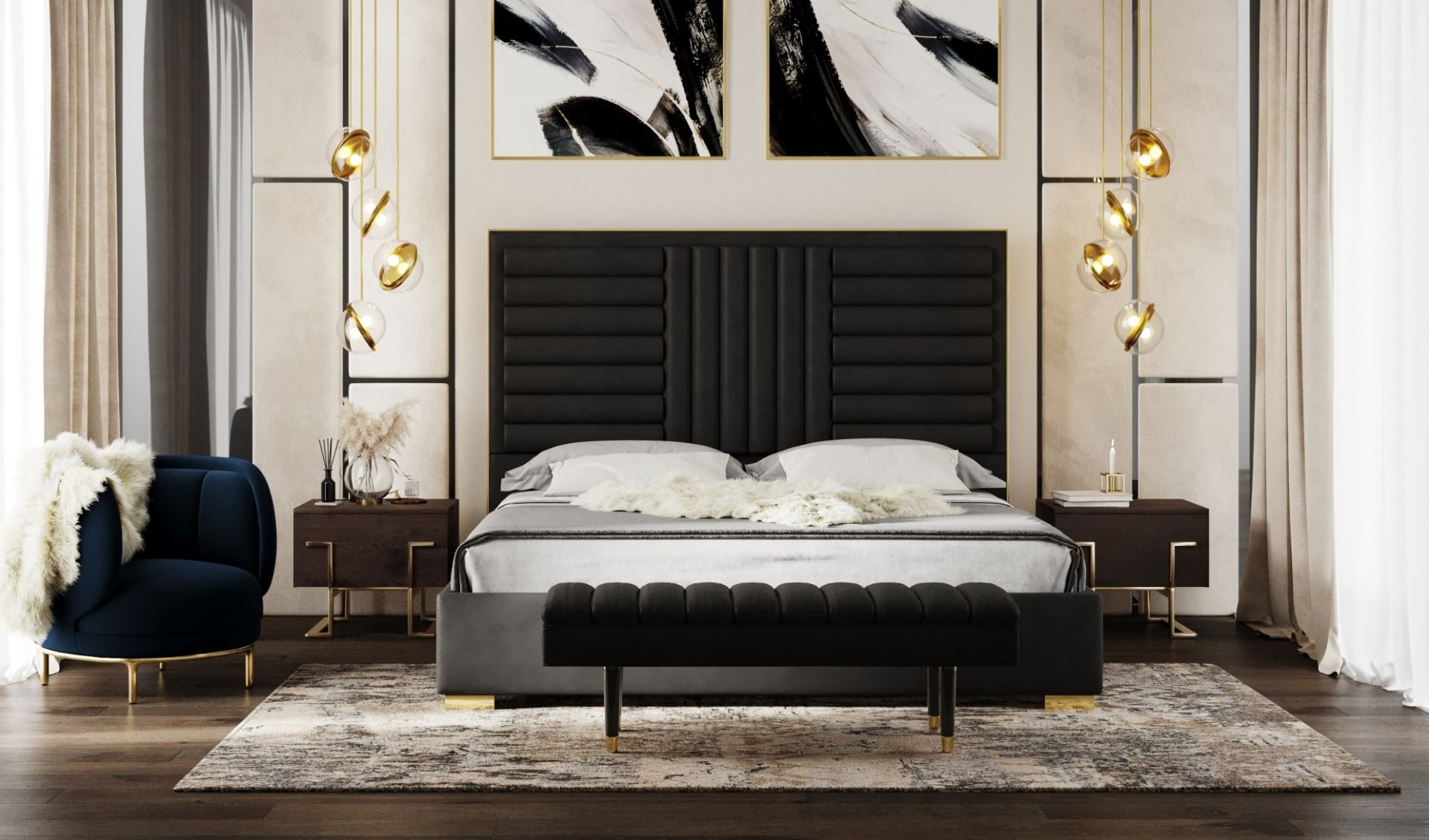 Modrest Daystar - Modern Black Velvet & Gold Bed-Bed-VIG-Wall2Wall Furnishings