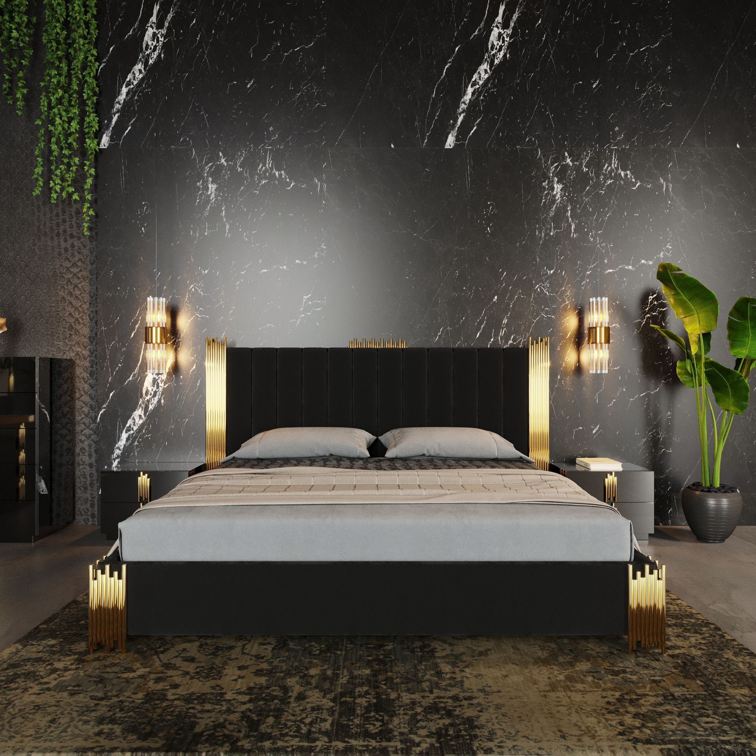 Modrest Token Modern Black & Gold Bed-Bed-VIG-Wall2Wall Furnishings