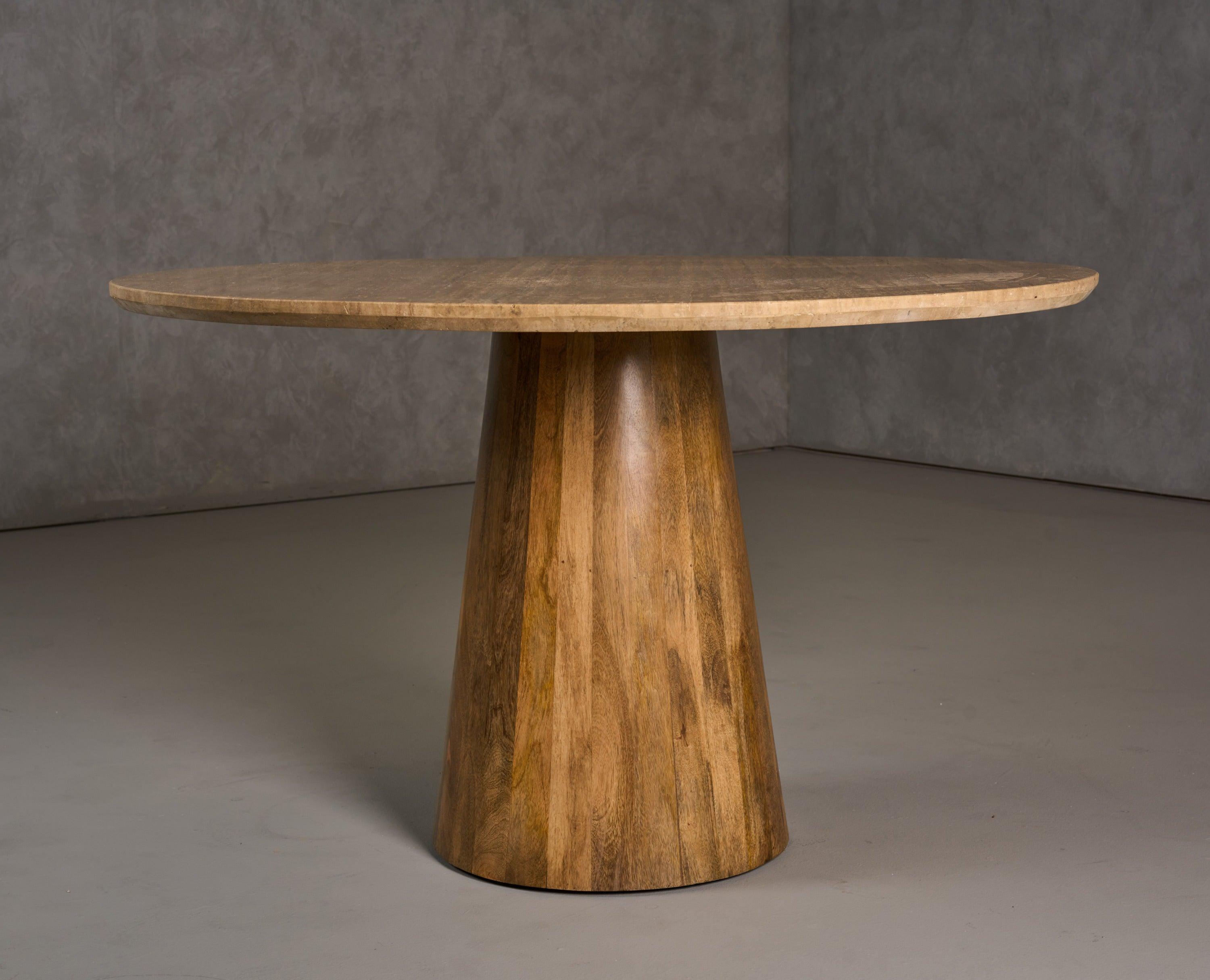 Onalaska Modern Travertine Marble and Wood Round Dining Table