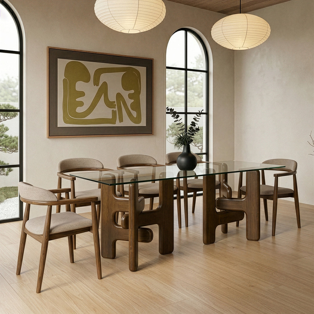 Velshi Modern Glass and Walnut Rectangular Dining Table